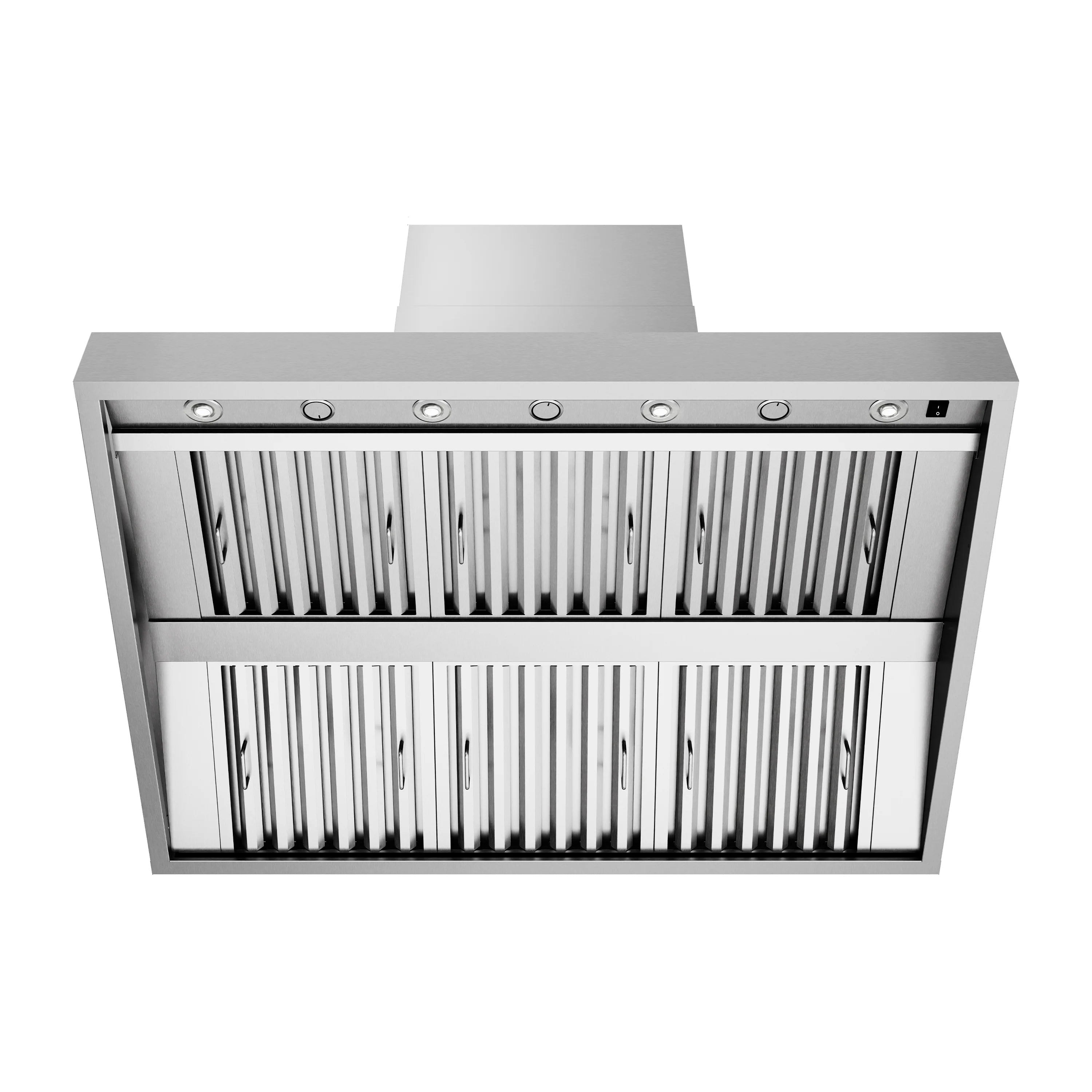 Stainless outdoor grill hood with baffle filter grilles and row of control buttons