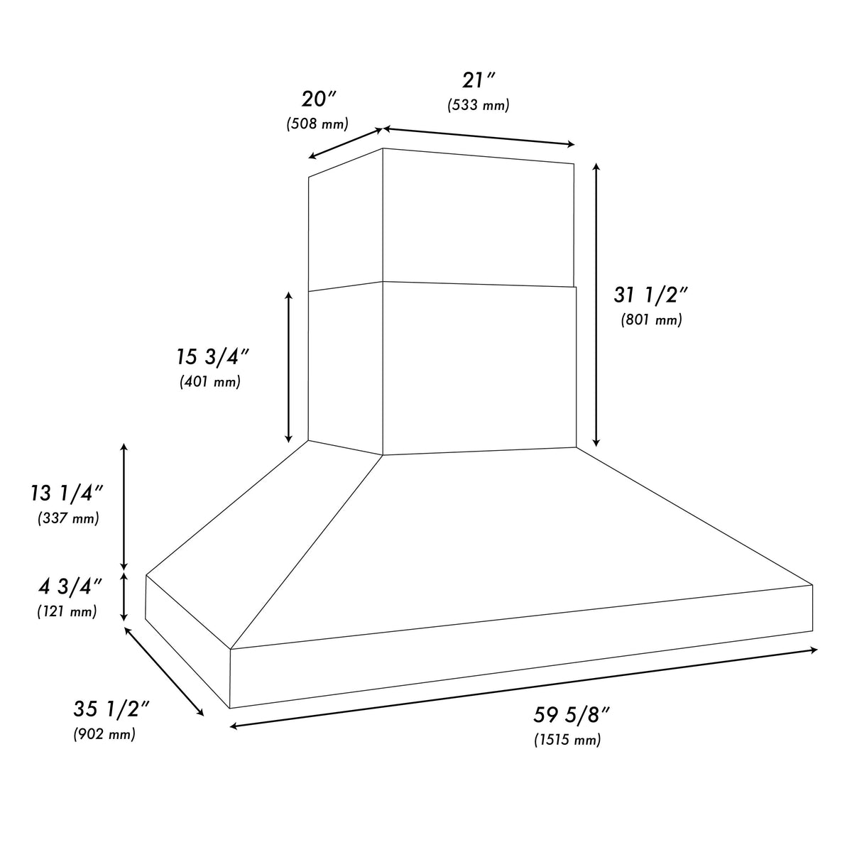 Wall mount outdoor grill hood dimensions diagram with width and height measurements