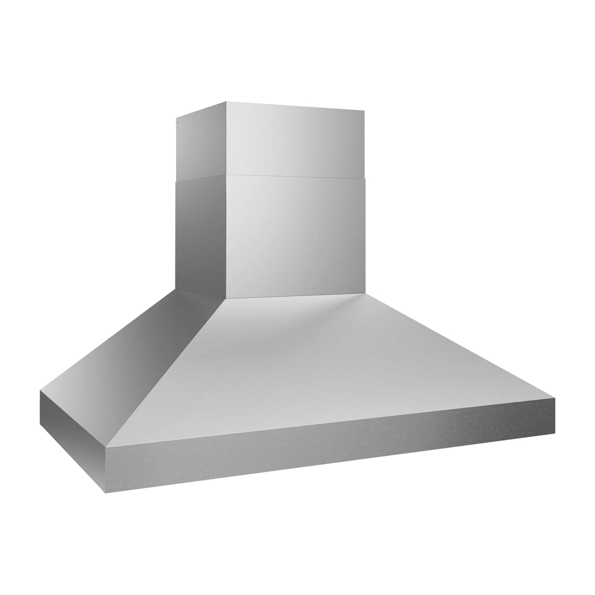 Stainless wall mount outdoor grill hood with flat sloped canopy and vertical chimney