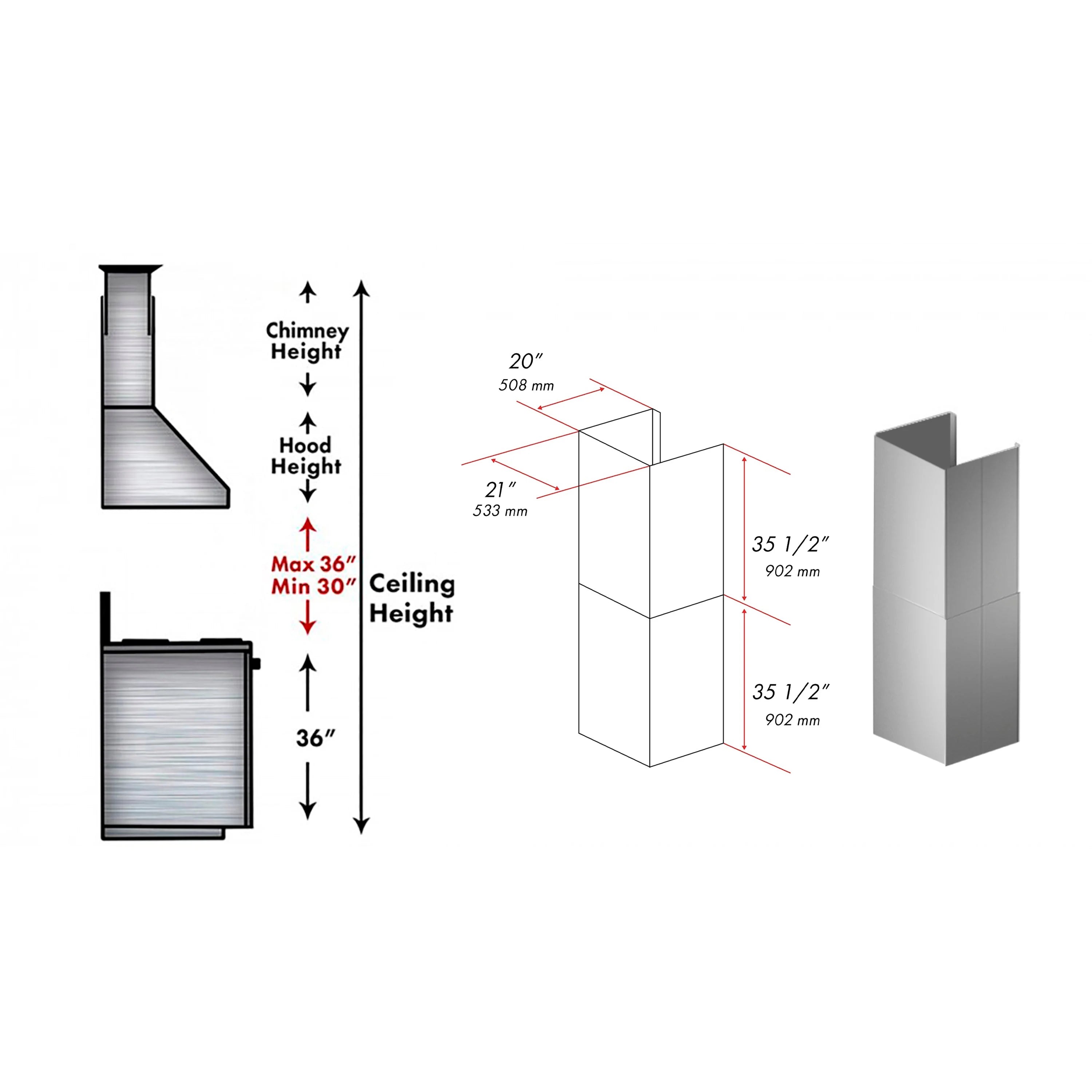 Stainless steel chimney extension set with side and 3D dimension diagram pieces