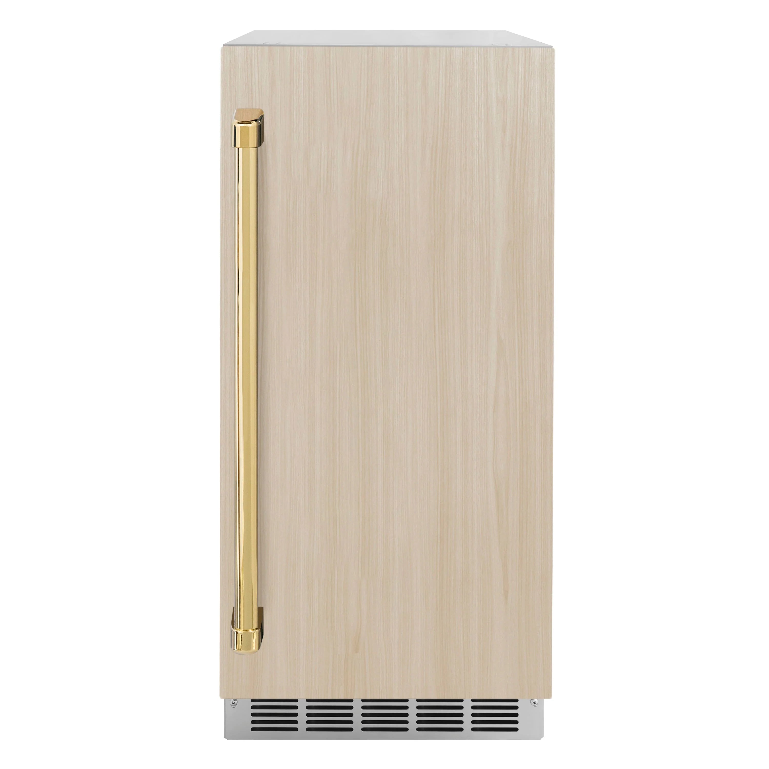 Panel-ready ice maker with wood-look door and gold vertical handle
