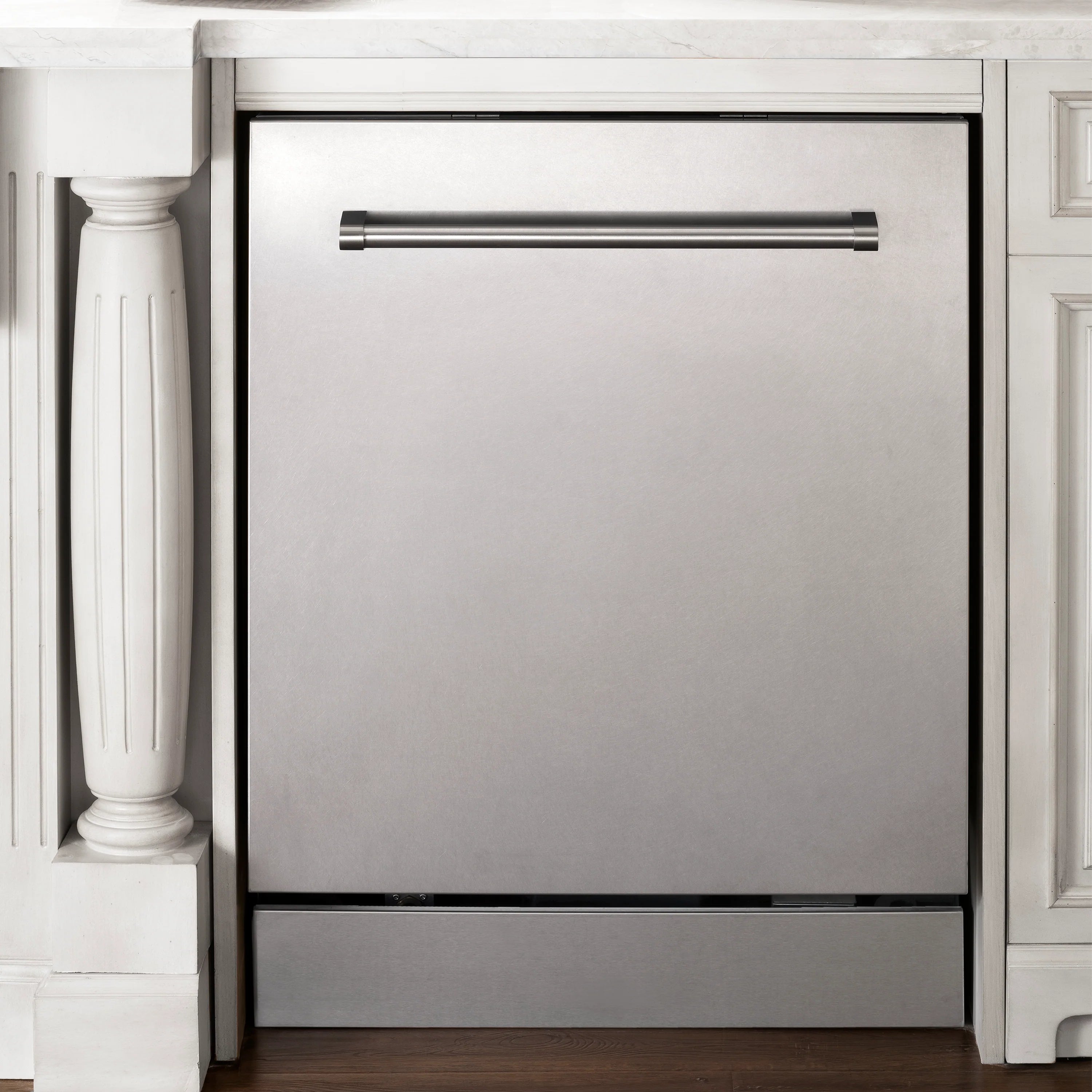 Built-in dishwasher front with satin stainless door and horizontal handle.