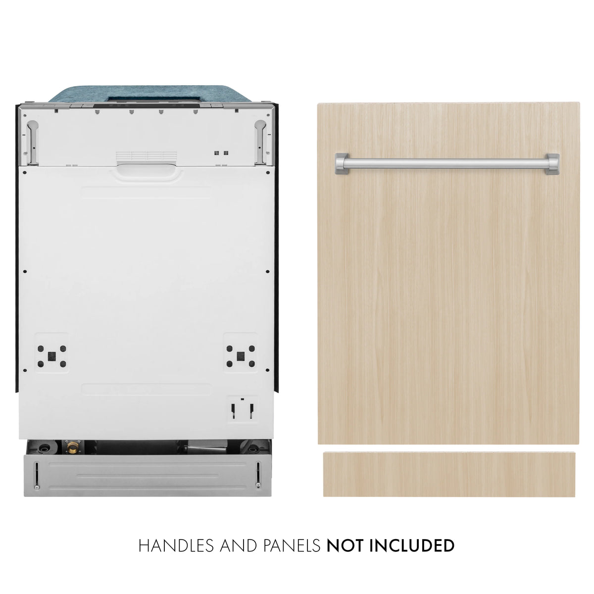 Dishwasher installation view showing mounting hardware and wood-look door panel mockup