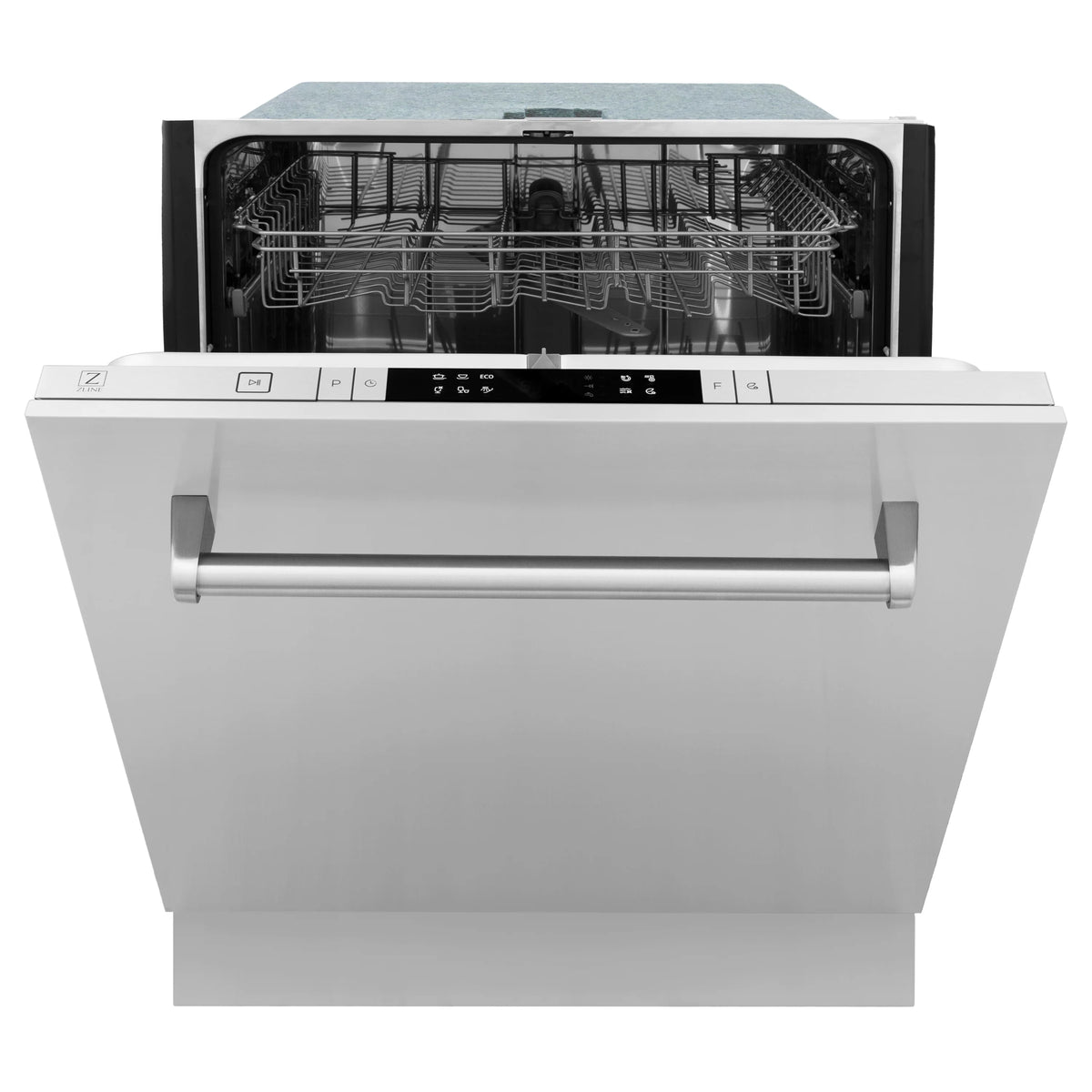 Dishwasher front with open door, interior racks visible.