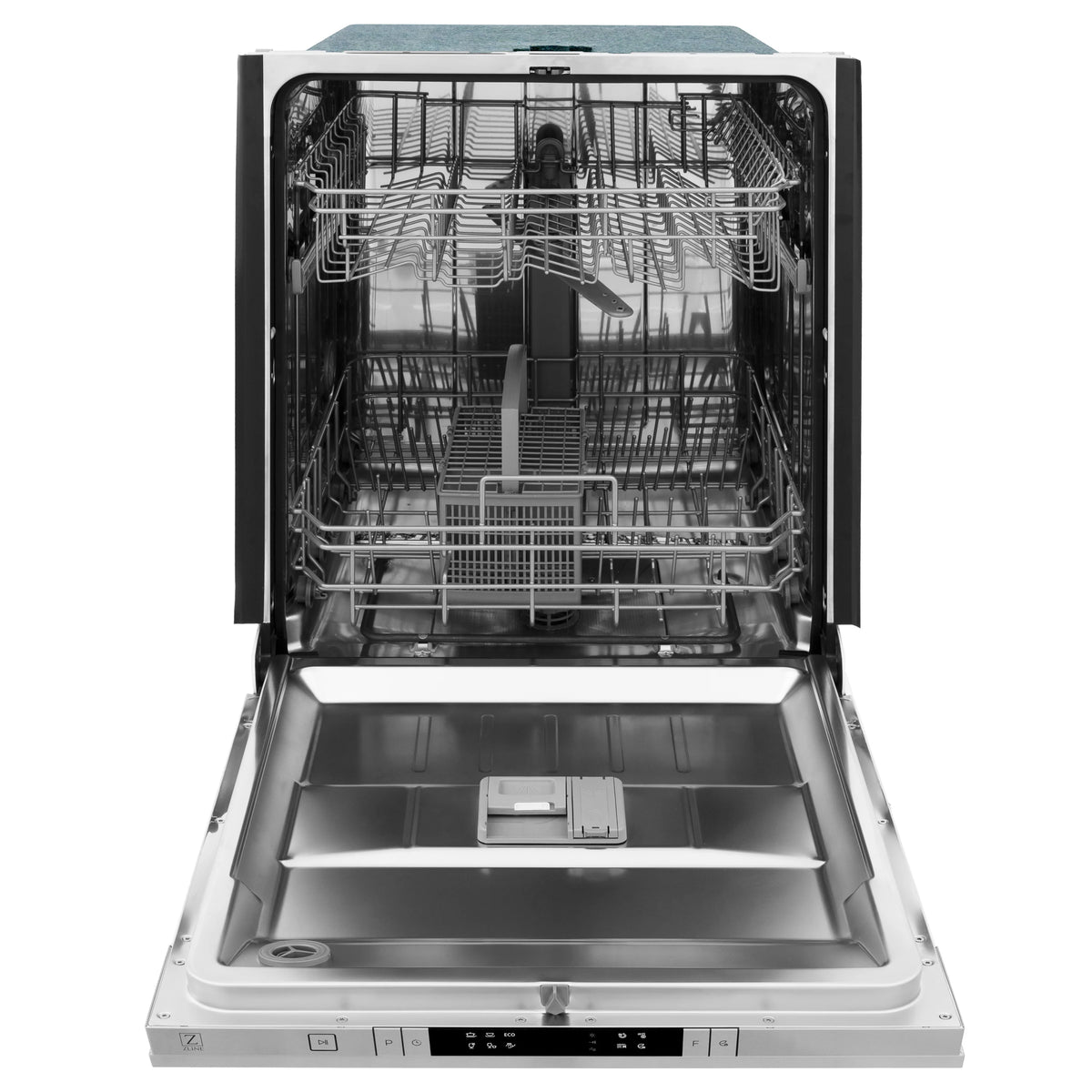 24-inch built-in dishwasher with satin stainless tub and open door, showing racks