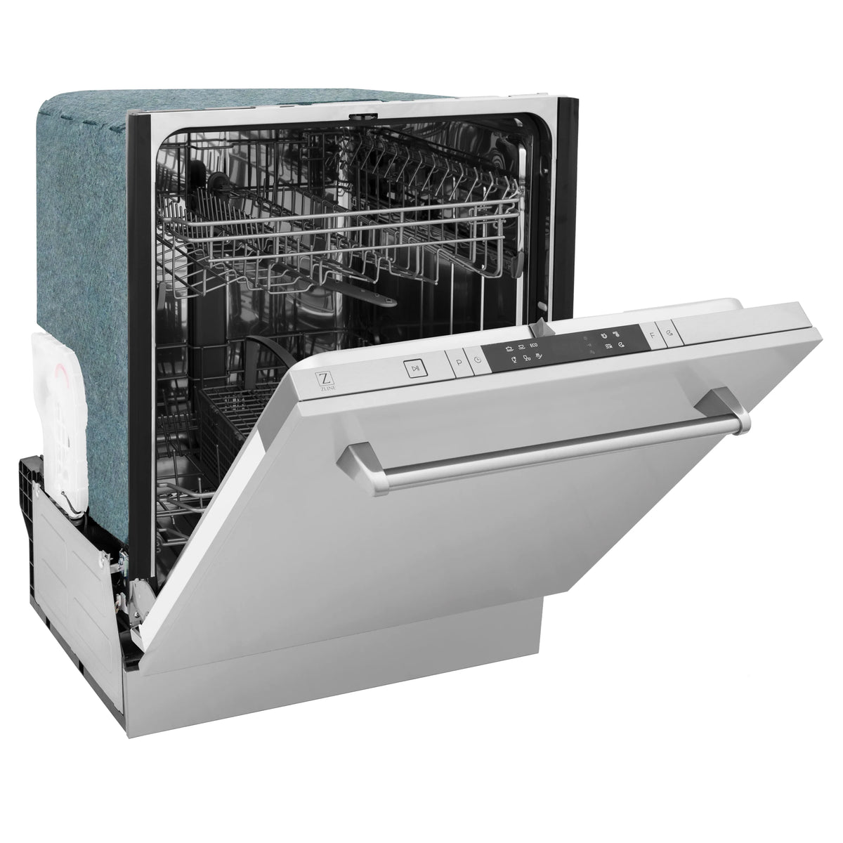 24-inch built-in dishwasher with open door and satin stainless interior, slanted view