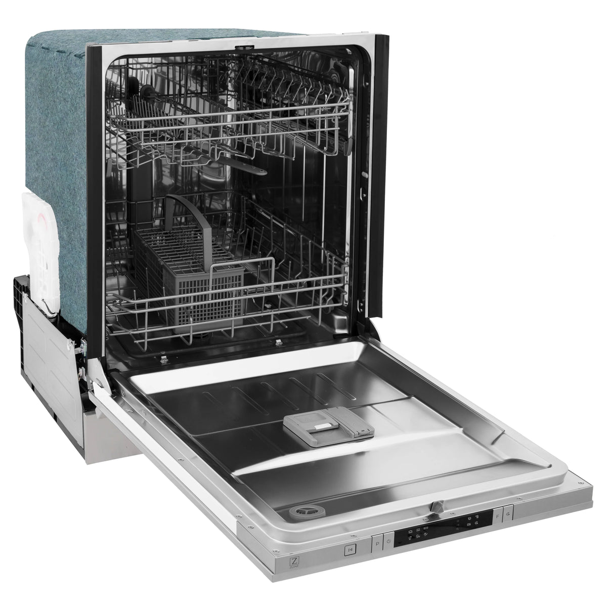 24-inch built-in dishwasher with lower rack and clean tub, door open to wash area