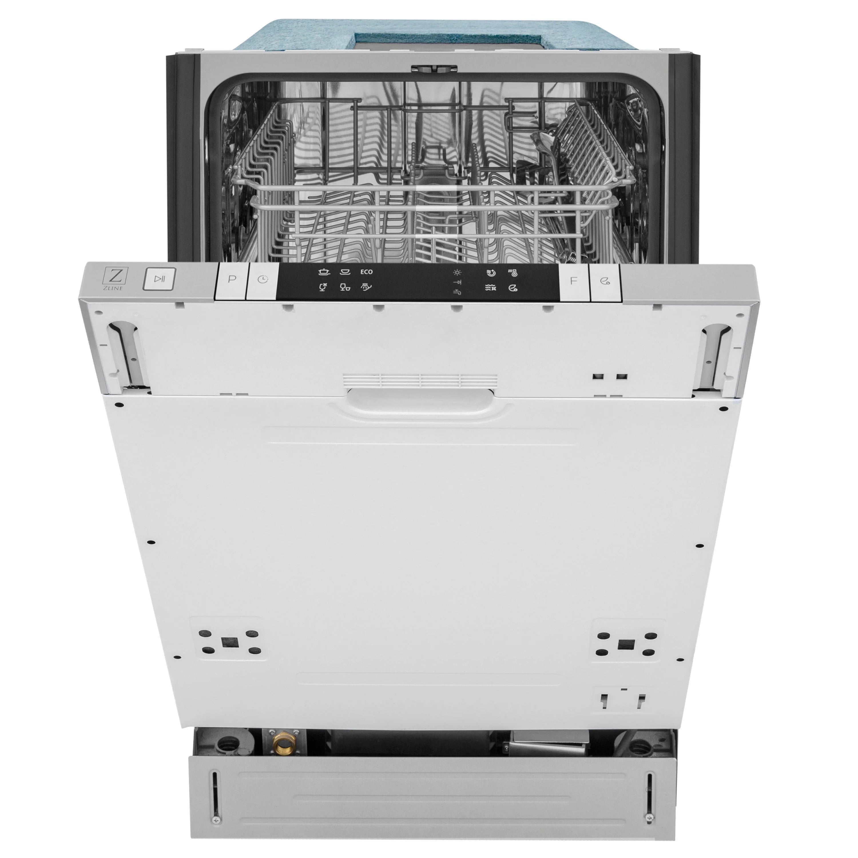 Panel-ready top control dishwasher front with open door and empty stainless racks