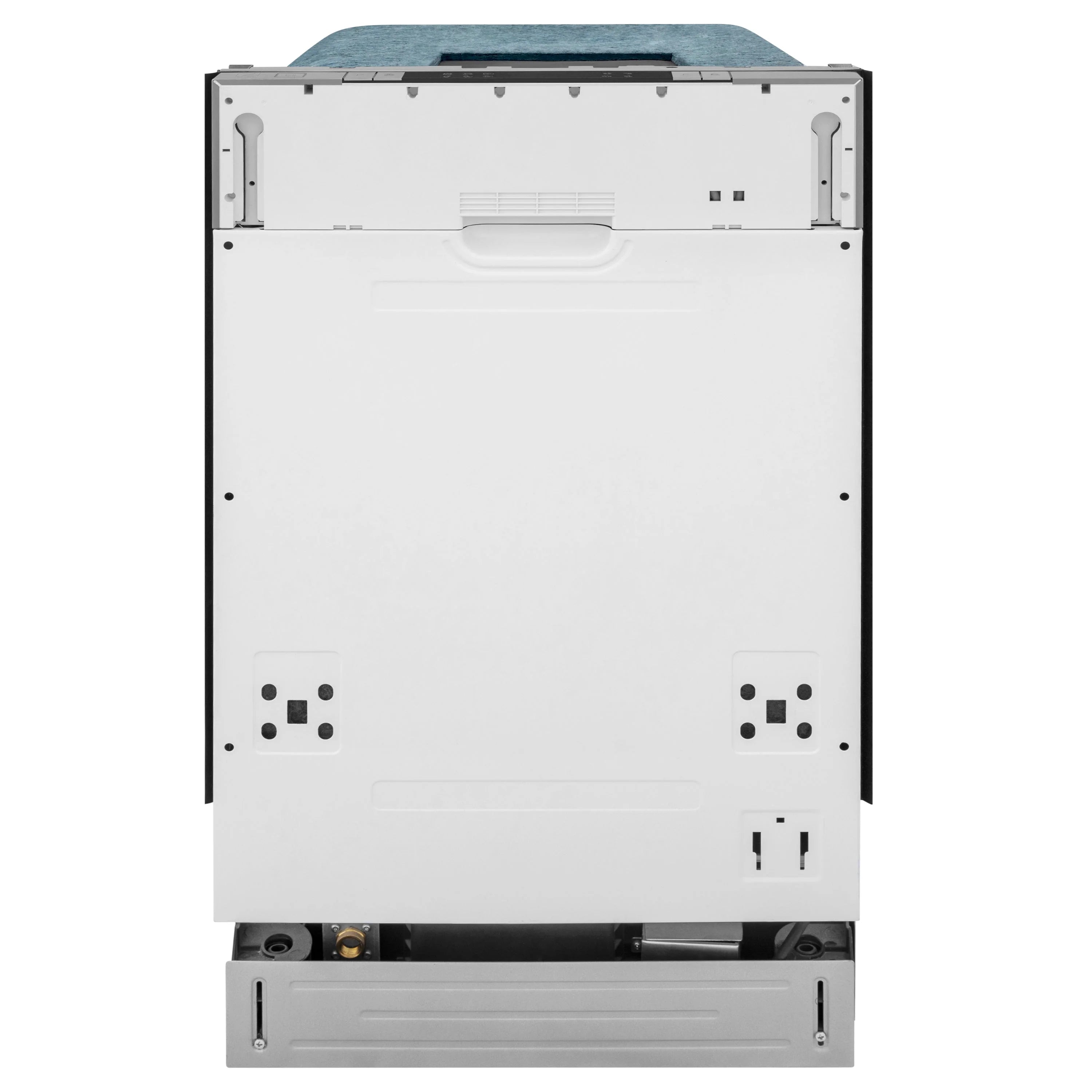 Dishwasher rear view with insulation and mounting points for panel-ready installation