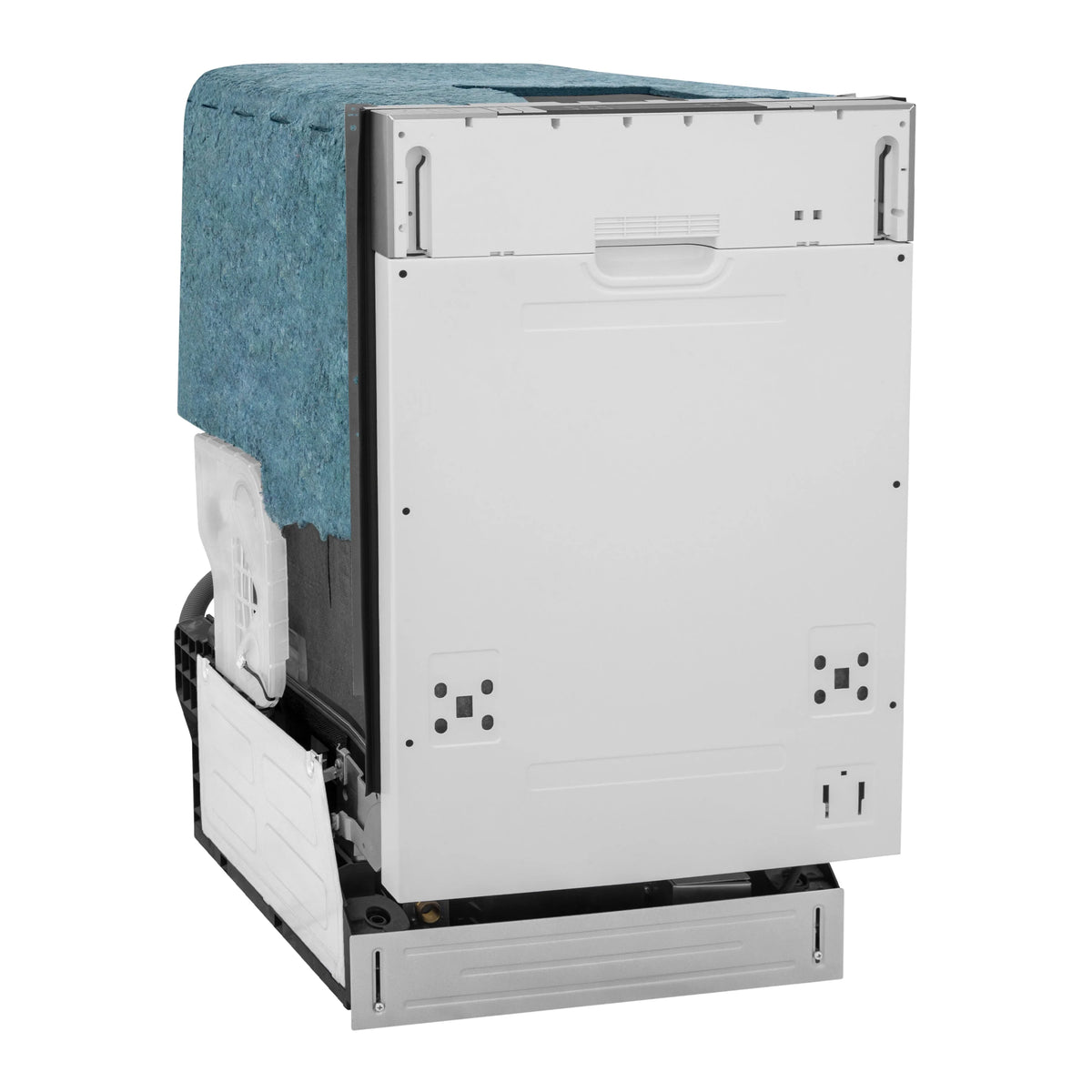 Panel-ready dishwasher side rear view with blue insulation and mounting bracket