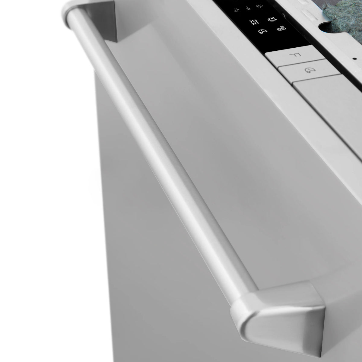 Satin stainless dishwasher door handle with control panel area, front corner close-up