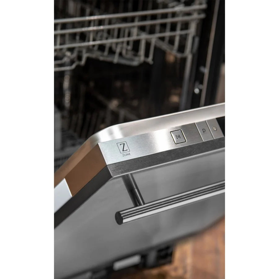 Stainless steel control bar with ZLINE logo on dishwasher door