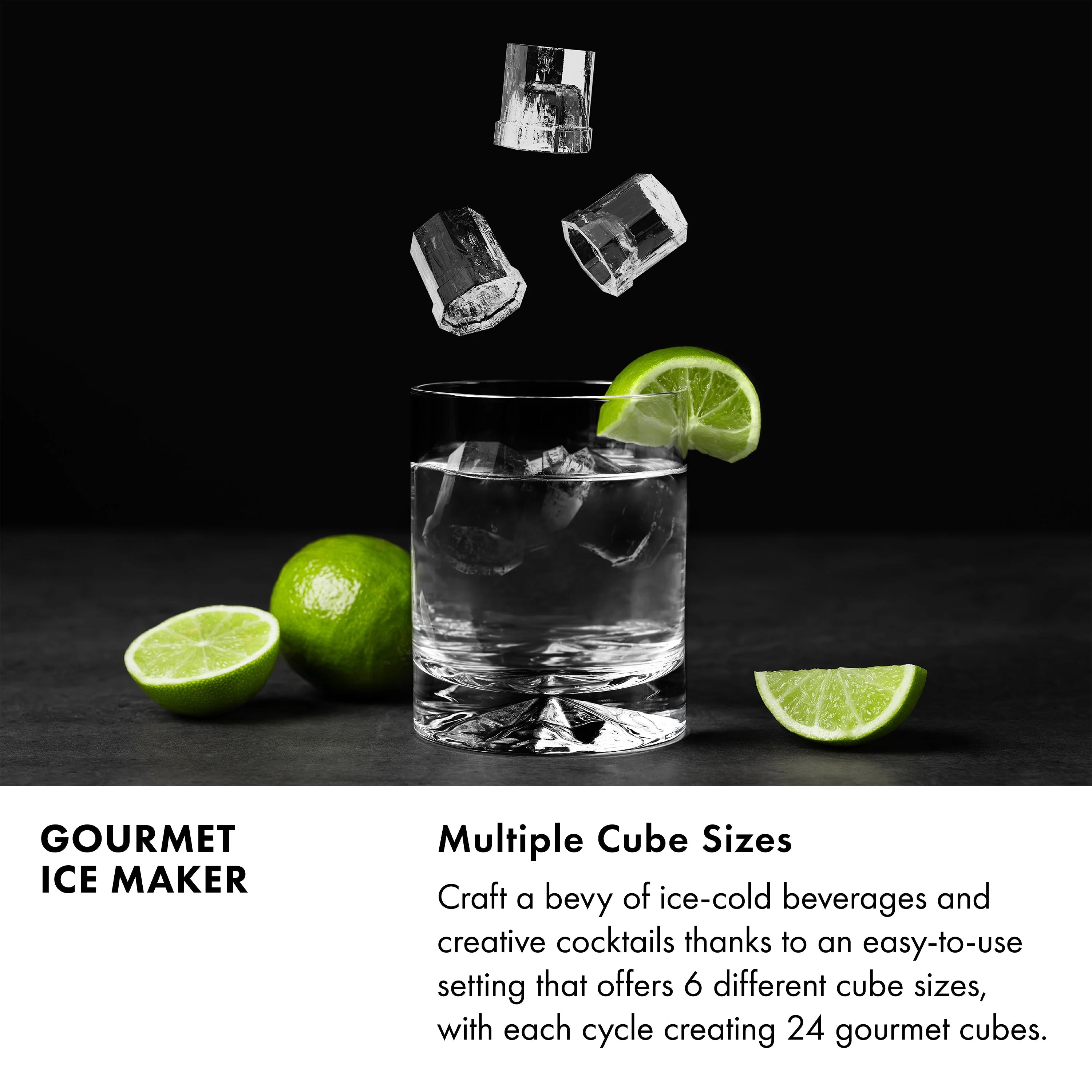 Ice maker ice bin filled with clear cubes and lime garnish