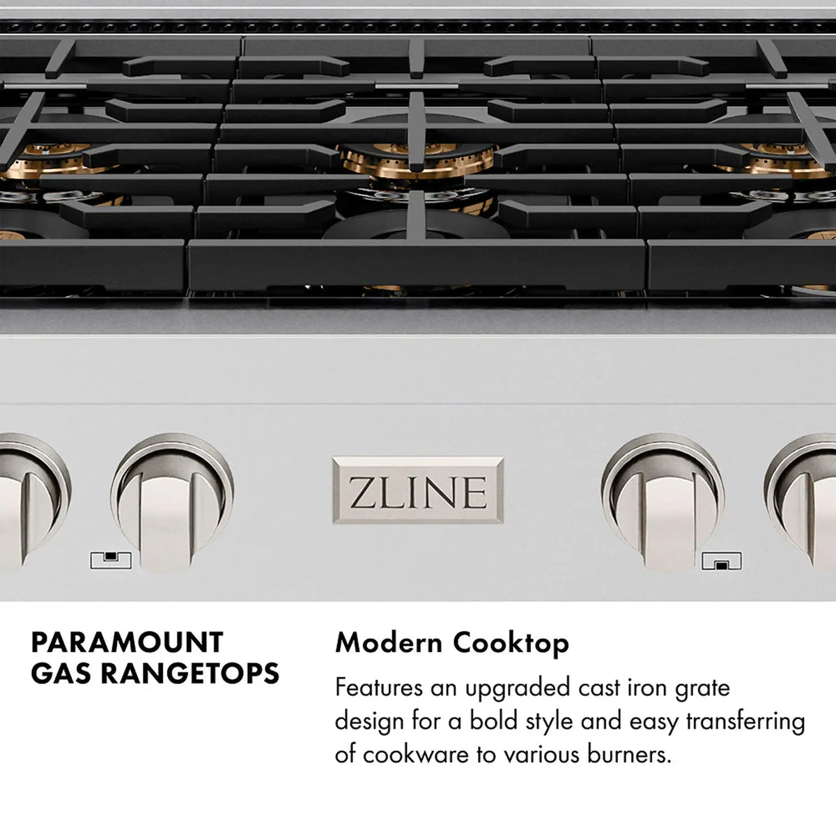 Gas rangetop control panel with silver knobs and black burner grates