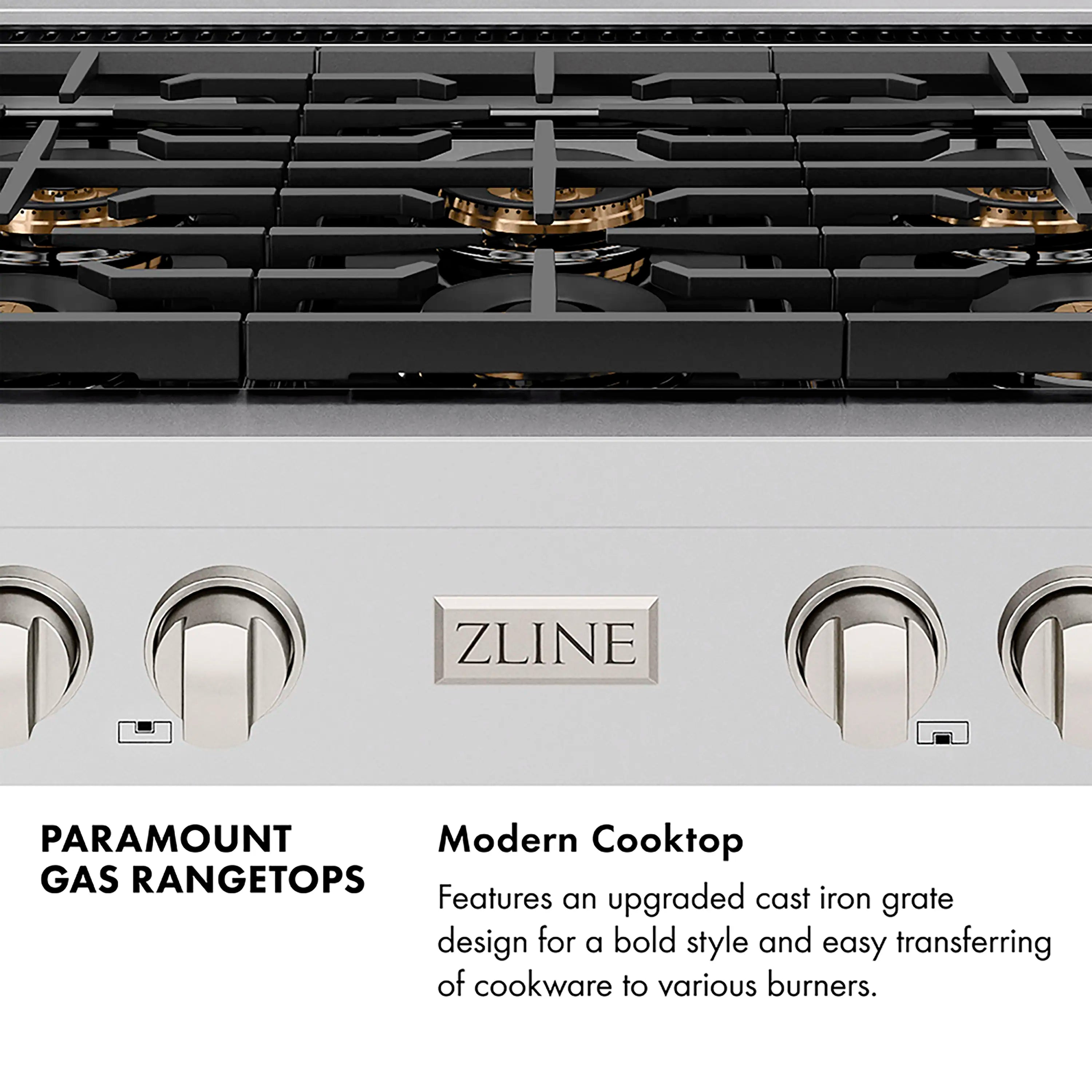 Stainless front panel with champagne bronze burner knobs for a 30-inch gas rangetop