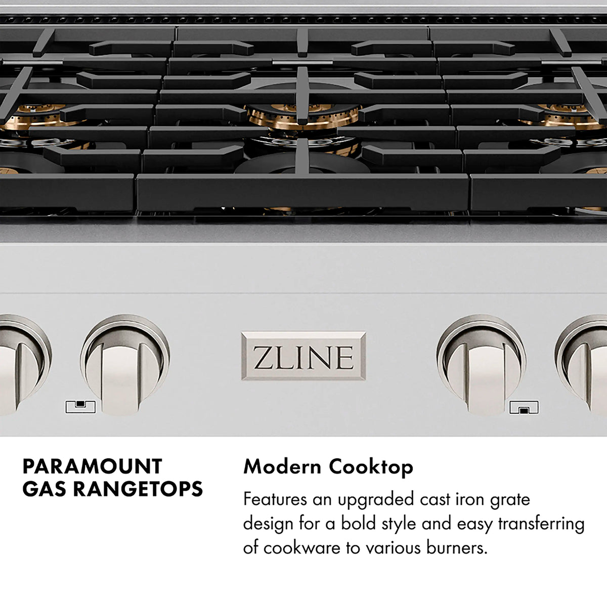 Black stainless gas rangetop with four burners, black grates, and polished gold accents