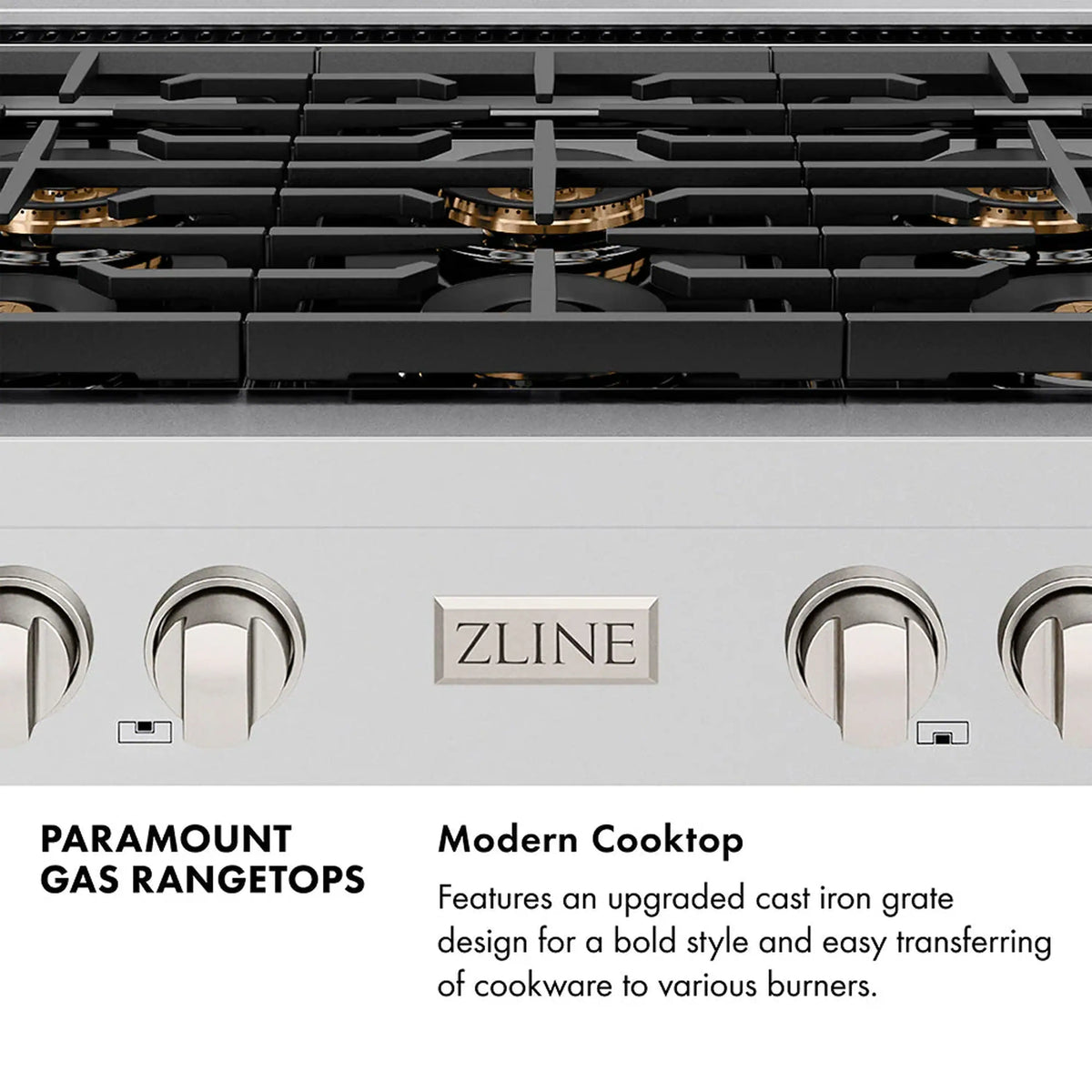 Modern gas rangetop front panel with stainless knobs and ZLINE logo