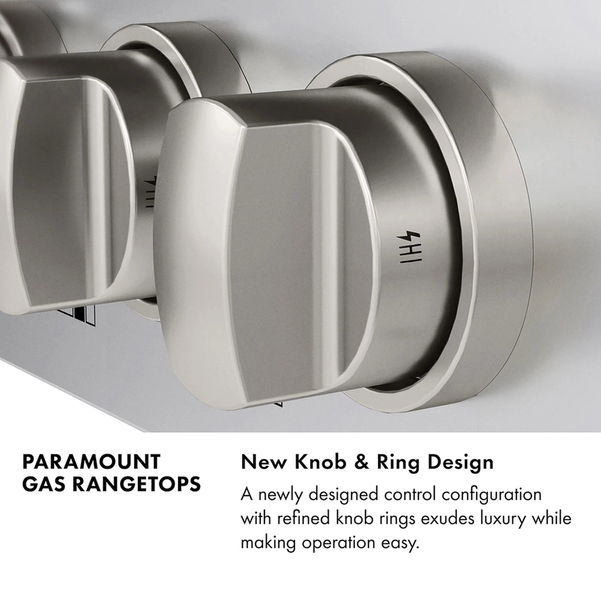 Gas rangetop control knob with satin stainless ring and matte black finish