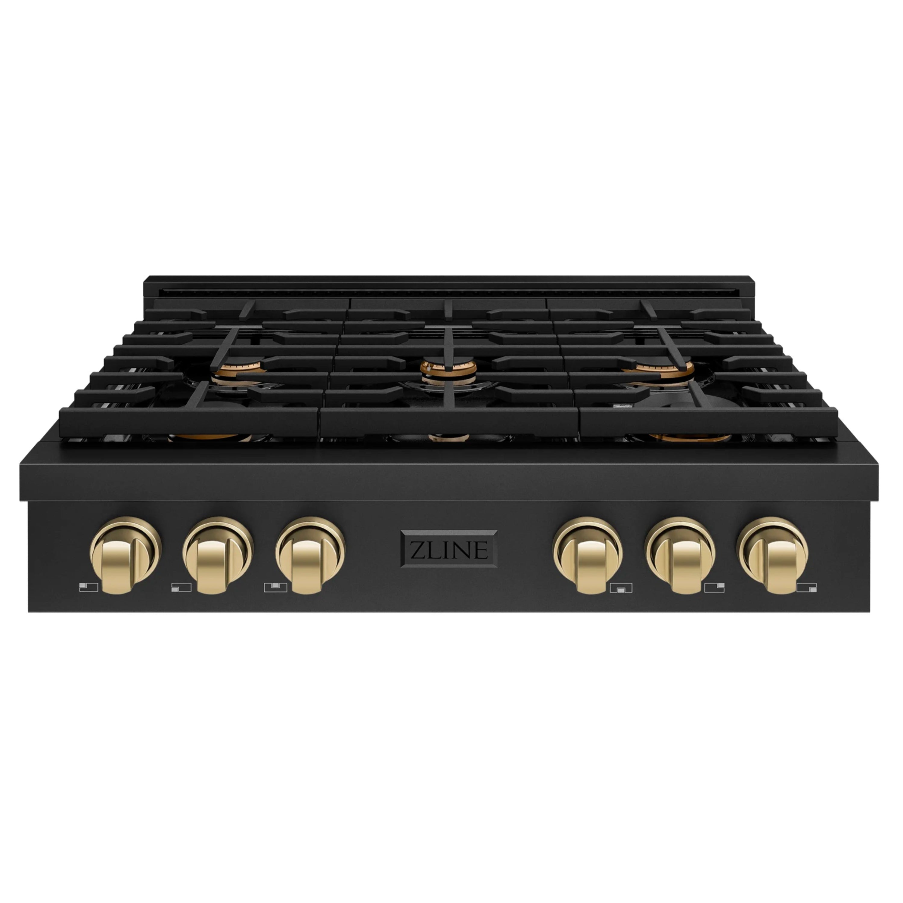 Black gas cooktop with porcelain grates and six bronze control knobs at front