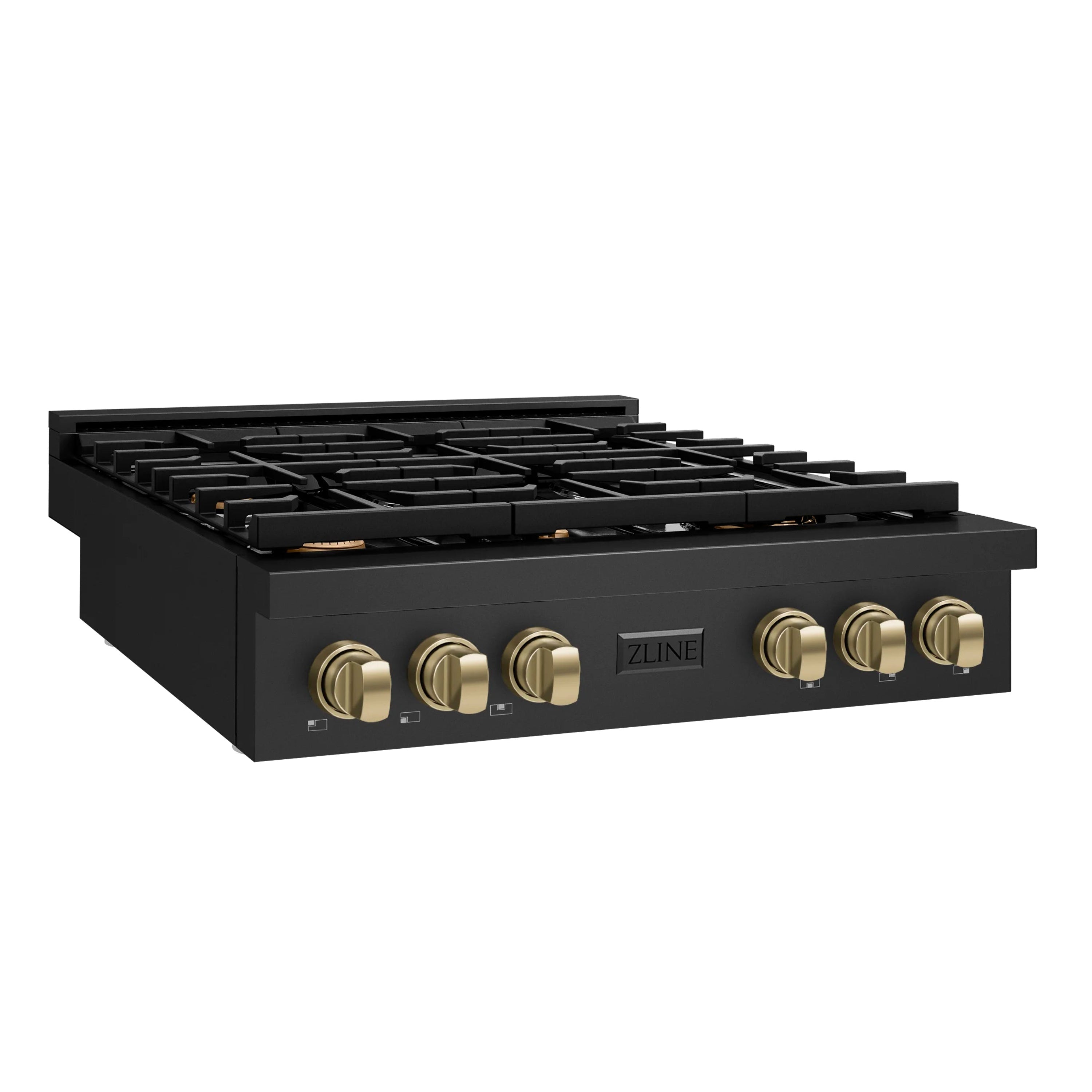 Black gas rangetop with cast grates and six bronze control knobs, angled view