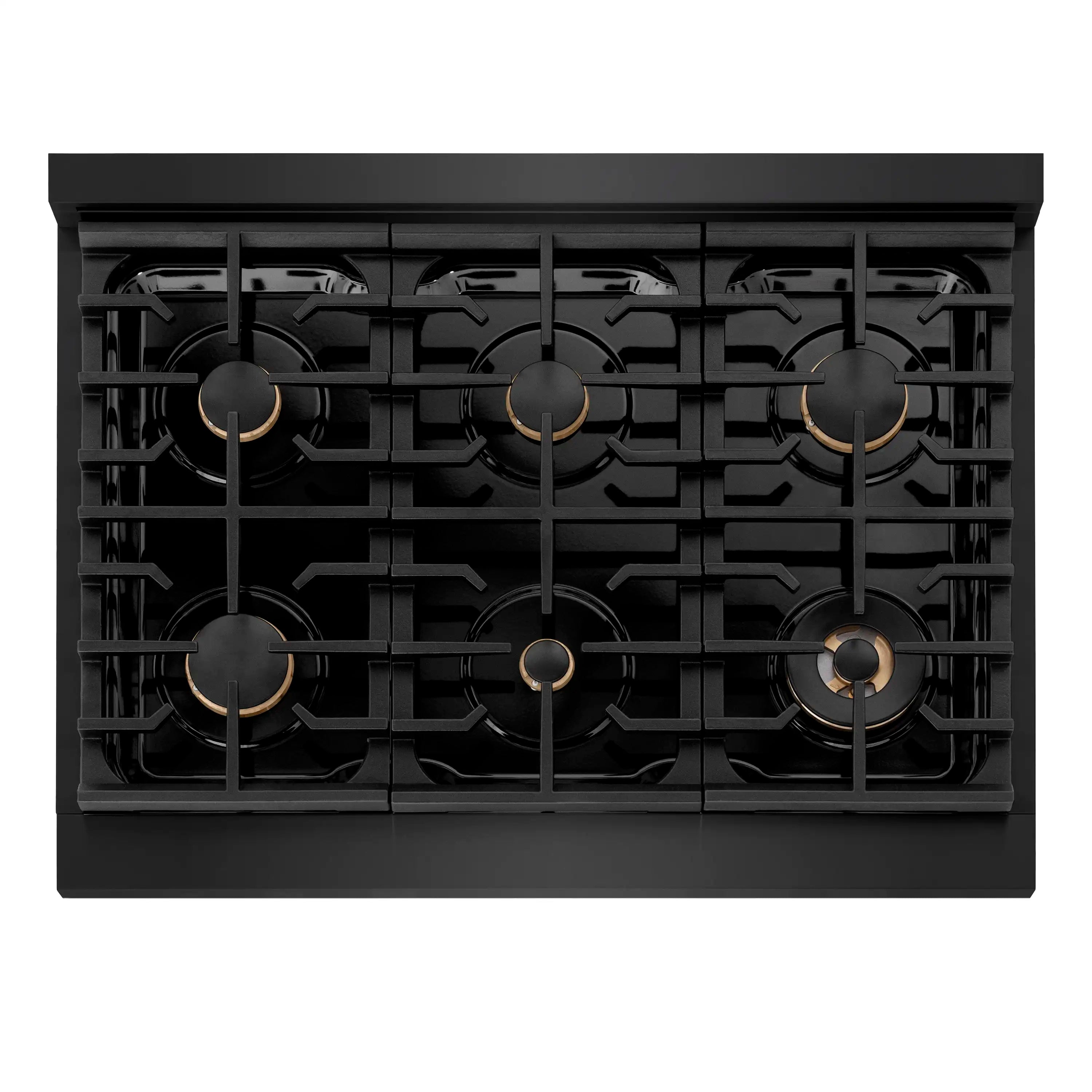 Front view of black gas cooktop with porcelain grates and six bronze gas burners