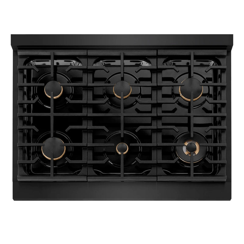 ZLINE Autograph Edition 36-Inch Paramount Gas Rangetop with 6 Burners and Porcelain Cooktop in Black Stainless Steel with Champagne Bronze Accents (SRTBZ-36-CB)