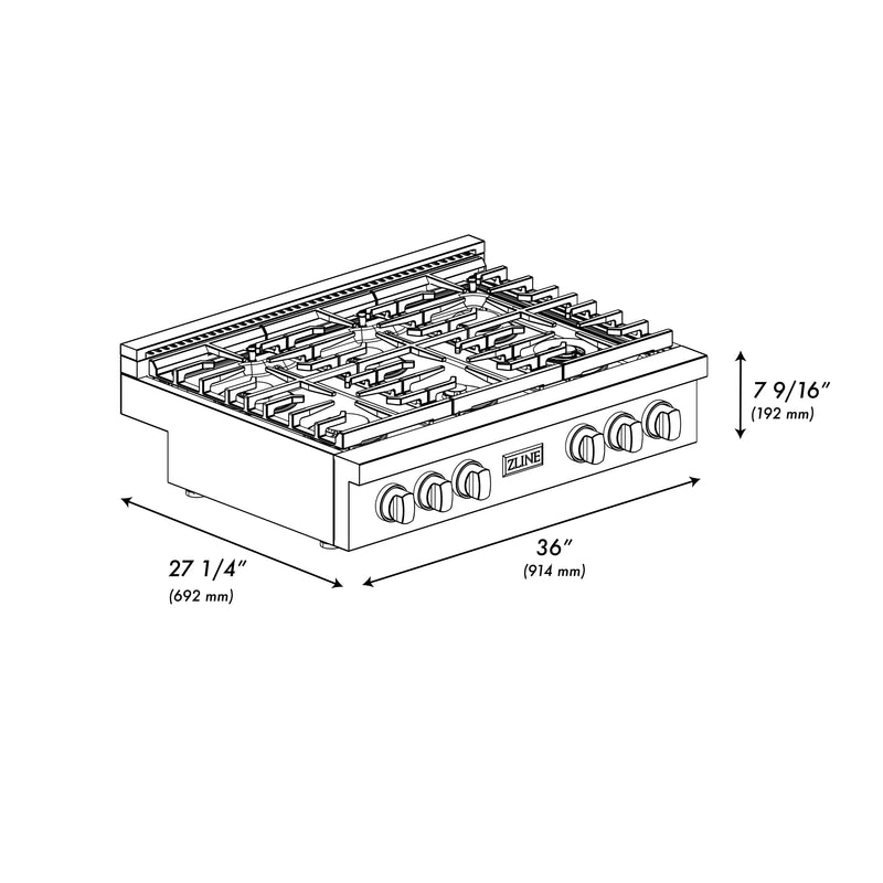 ZLINE Autograph Edition 36-Inch Paramount Gas Rangetop with 6 Burners and Porcelain Cooktop in Black Stainless Steel with Polished Gold Accents (SRTBZ-36-G)