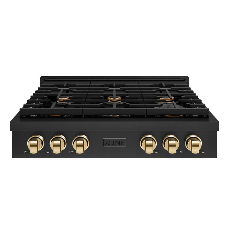 ZLINE Autograph Edition 36-Inch Paramount Gas Rangetop with 6 Burners and Porcelain Cooktop in Black Stainless Steel with Polished Gold Accents (SRTBZ-36-G)