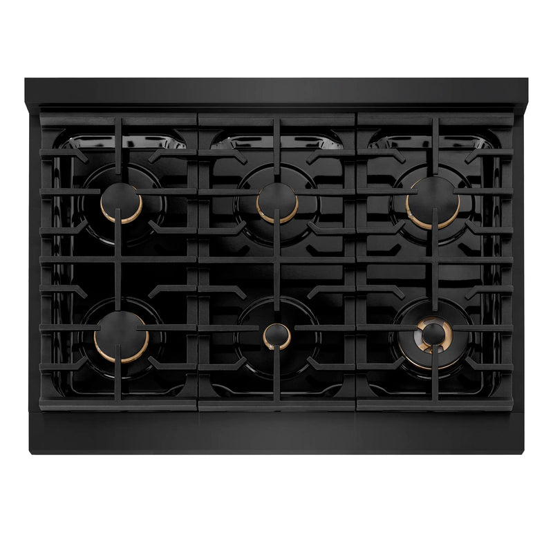 ZLINE Autograph Edition 36-Inch Paramount Gas Rangetop with 6 Burners and Porcelain Cooktop in Black Stainless Steel with Polished Gold Accents (SRTBZ-36-G)