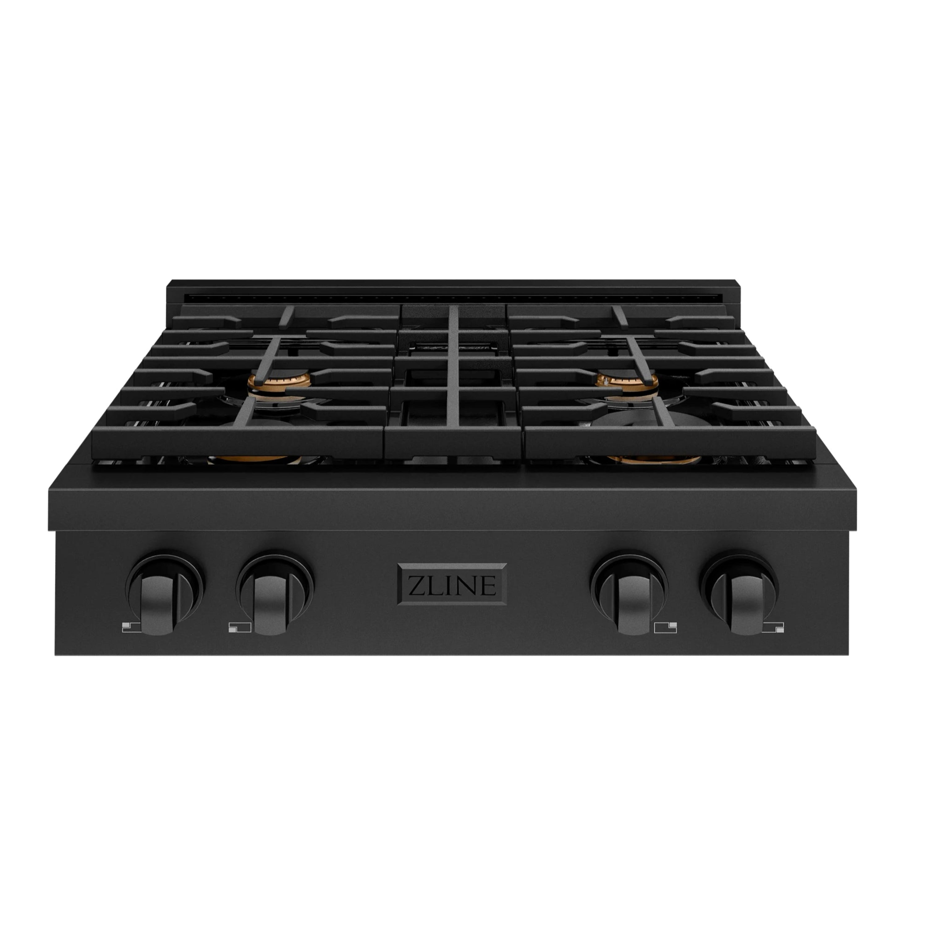 Black 30-inch gas rangetop front view with four burners, black grates, and control knobs