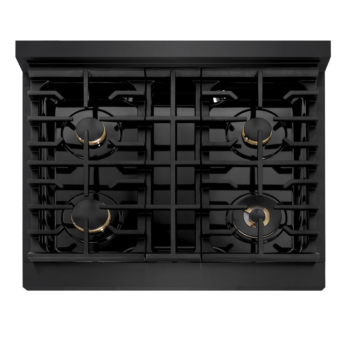 Four-burner gas cooktop with black grates and brass burner bases, viewed from above