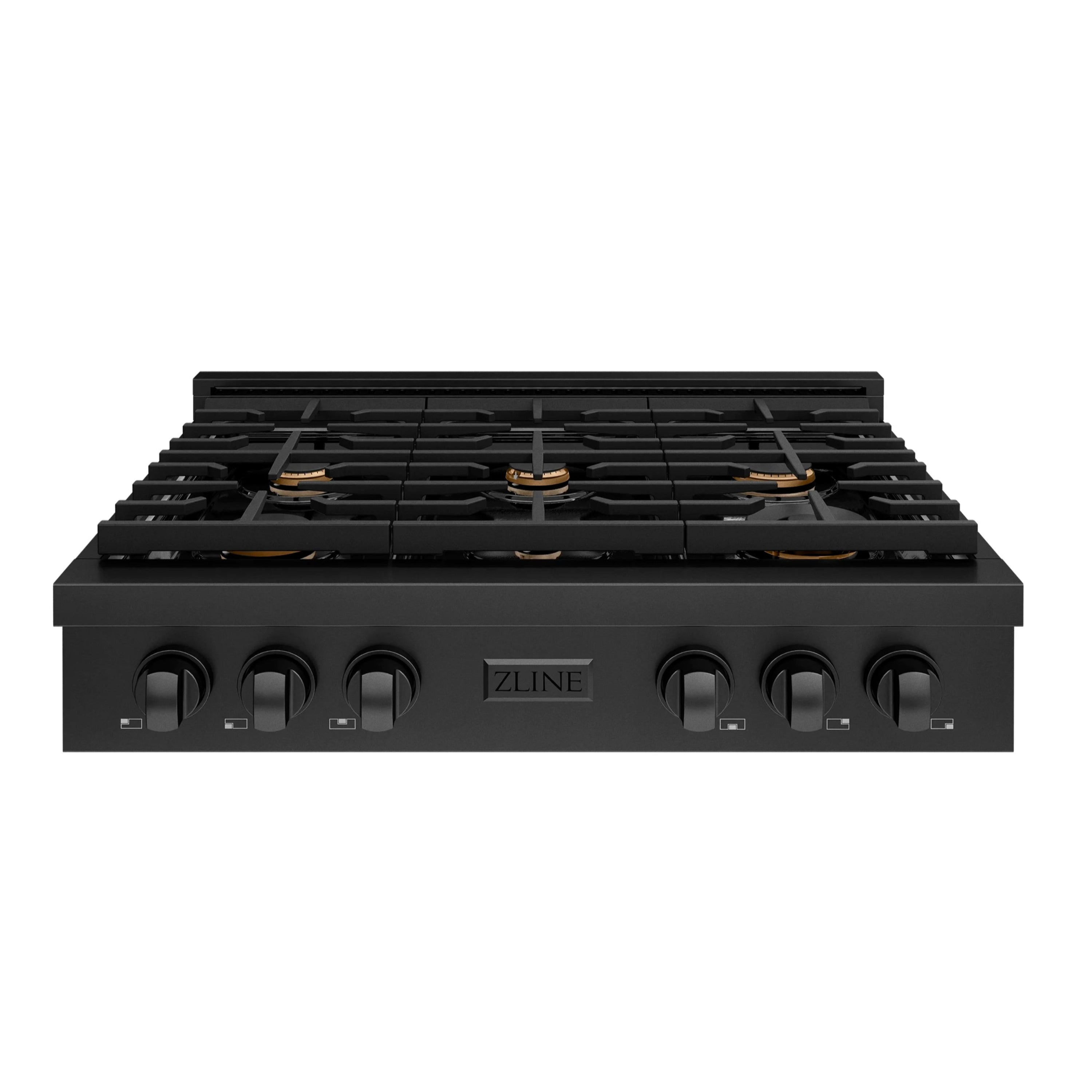 Black gas cooktop with six burners, black control knobs, and metal front panel