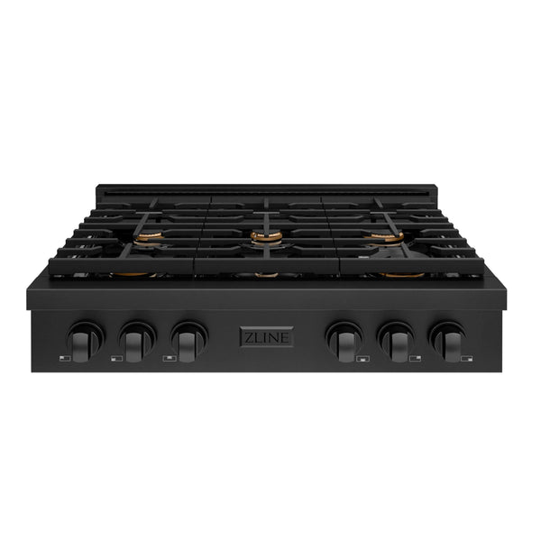 ZLINE Paramount 36-Inch Gas Rangetop with 6 Brass Burners and Porcelain Cooktop in Black Stainless Steel (SRTB-BR-36)