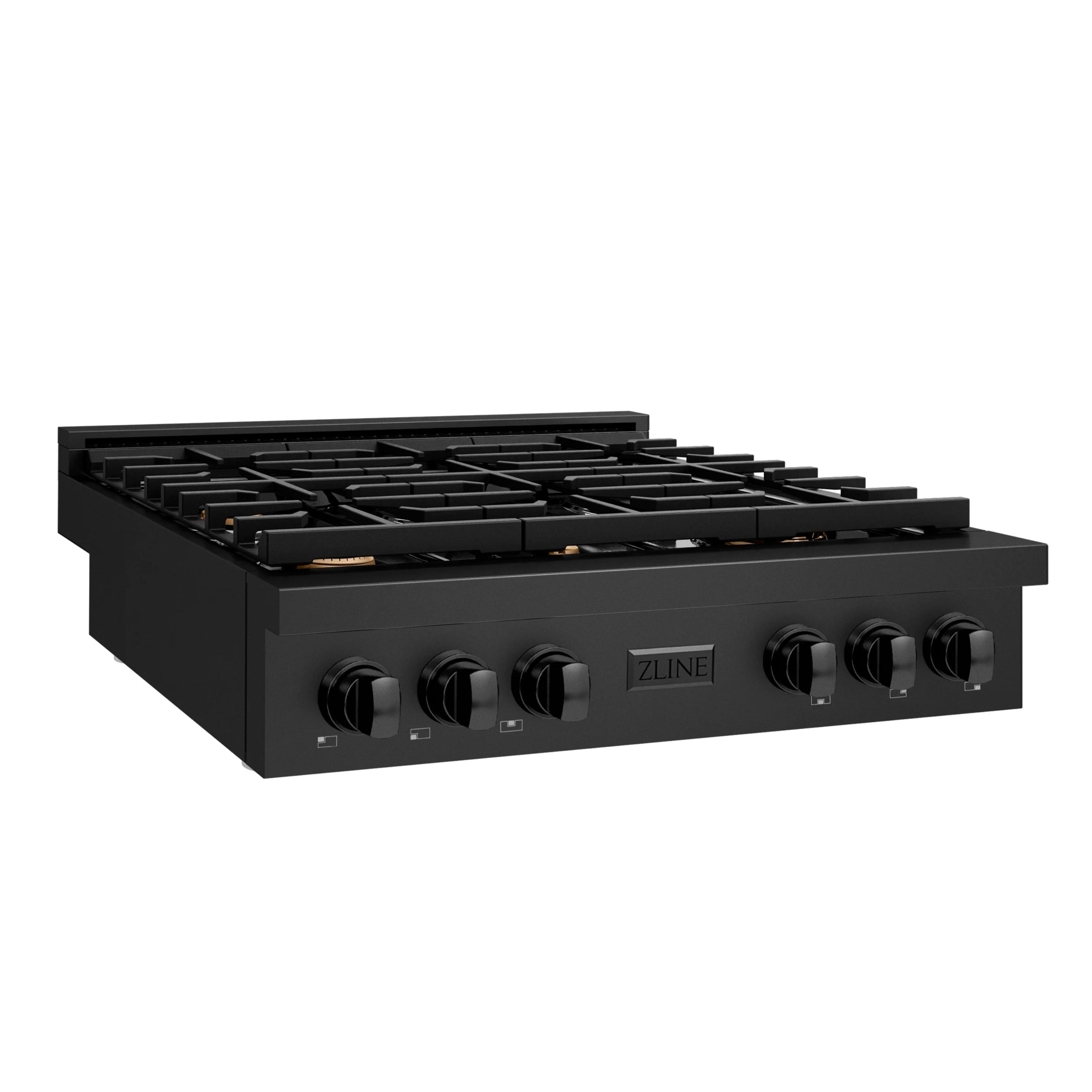 Black gas cooktop with six cast grates, brass burner rings, and front control knobs