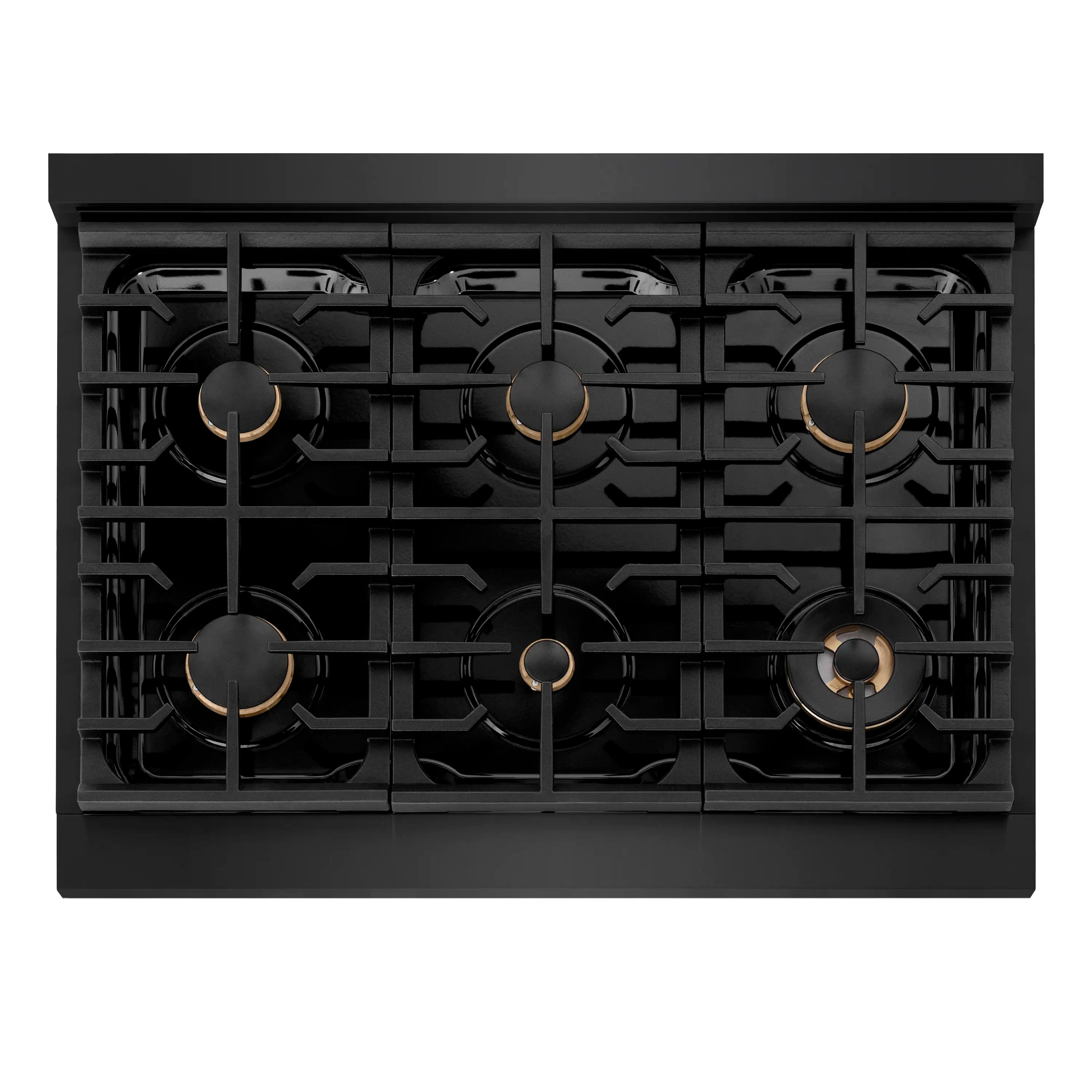 Black gas cooktop with six burners and cast grates, top view