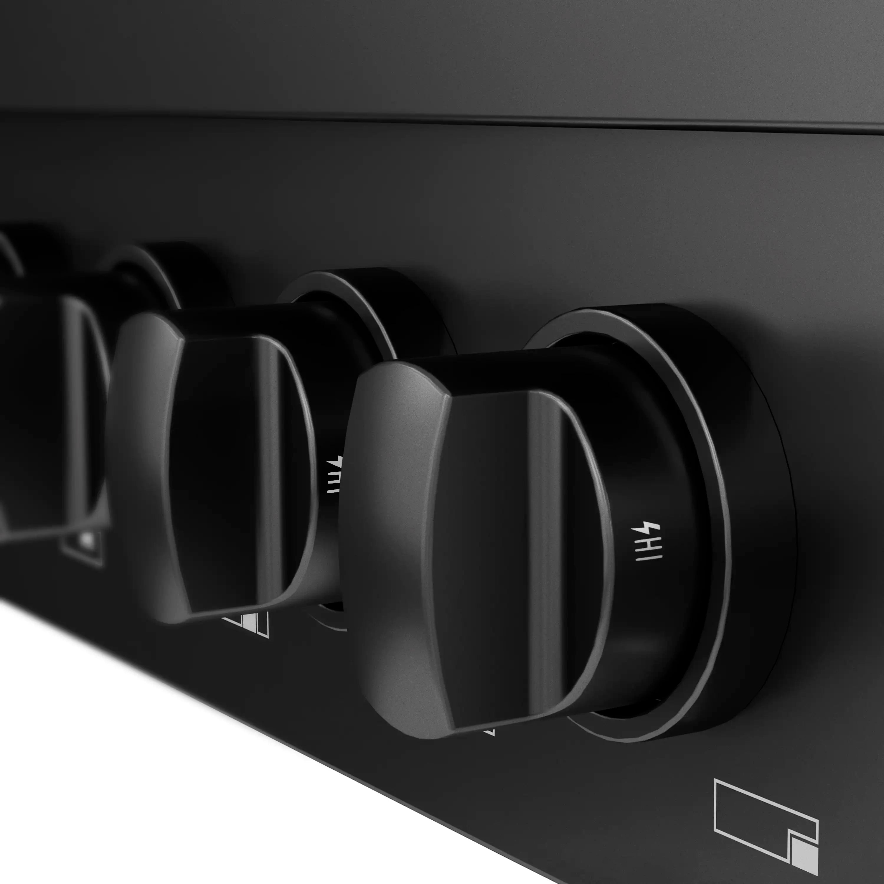 ZLINE Paramount black stainless control knob set with side view of burner grates