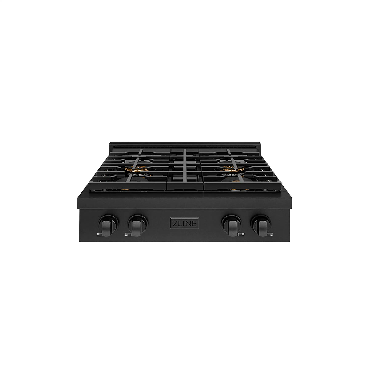 ZLINE black gas rangetop with four burner grates and control knob panel
