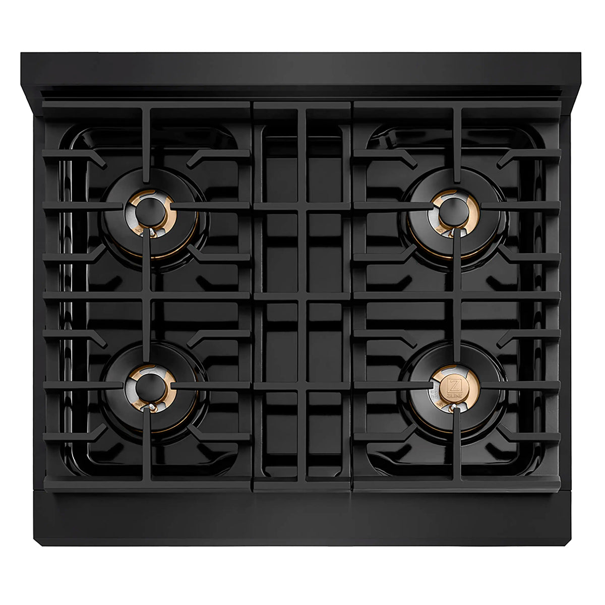 ZLINE black gas cooktop with four burners and a continuous grate grid