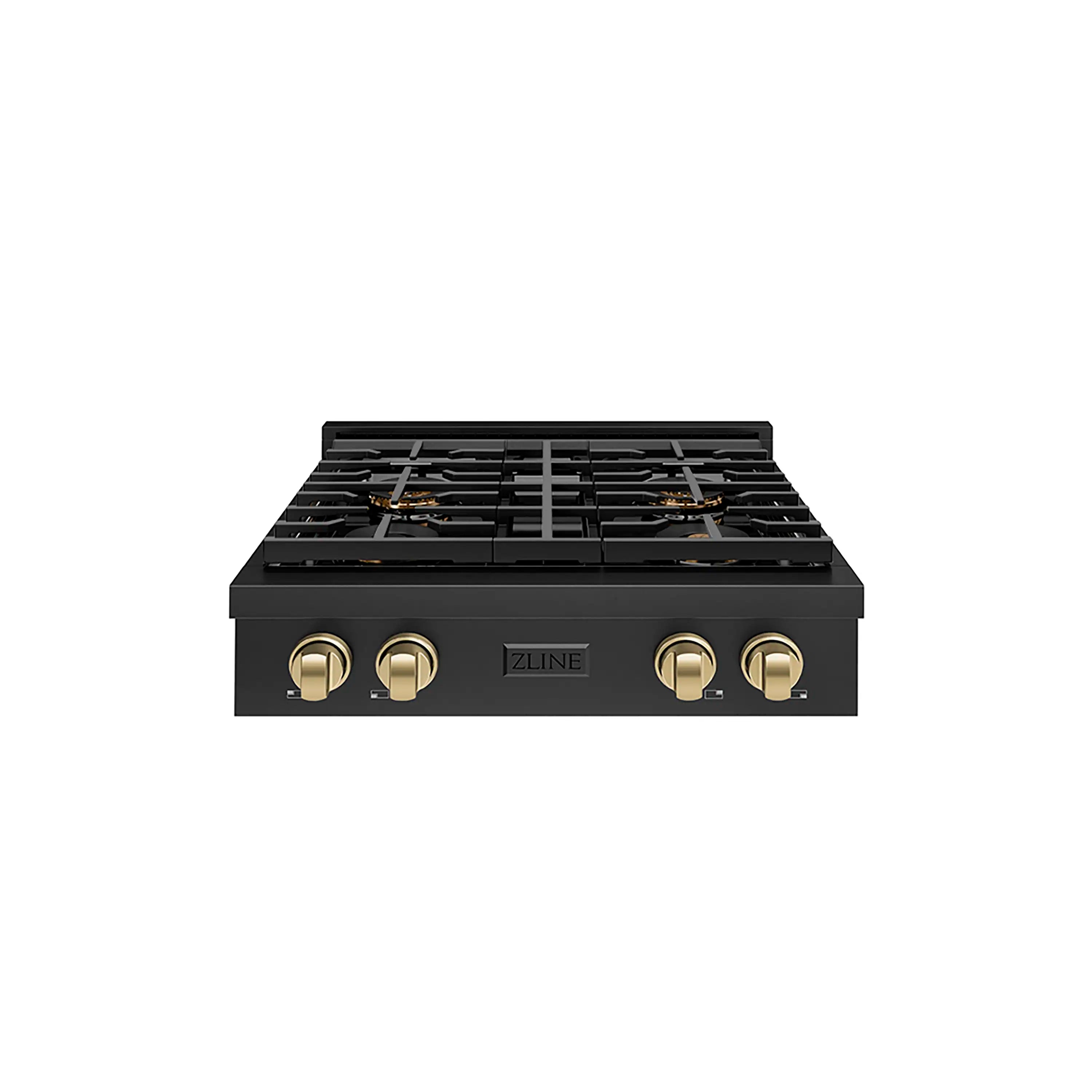 Front view of a black 4-burner gas cooktop with champagne bronze control knobs