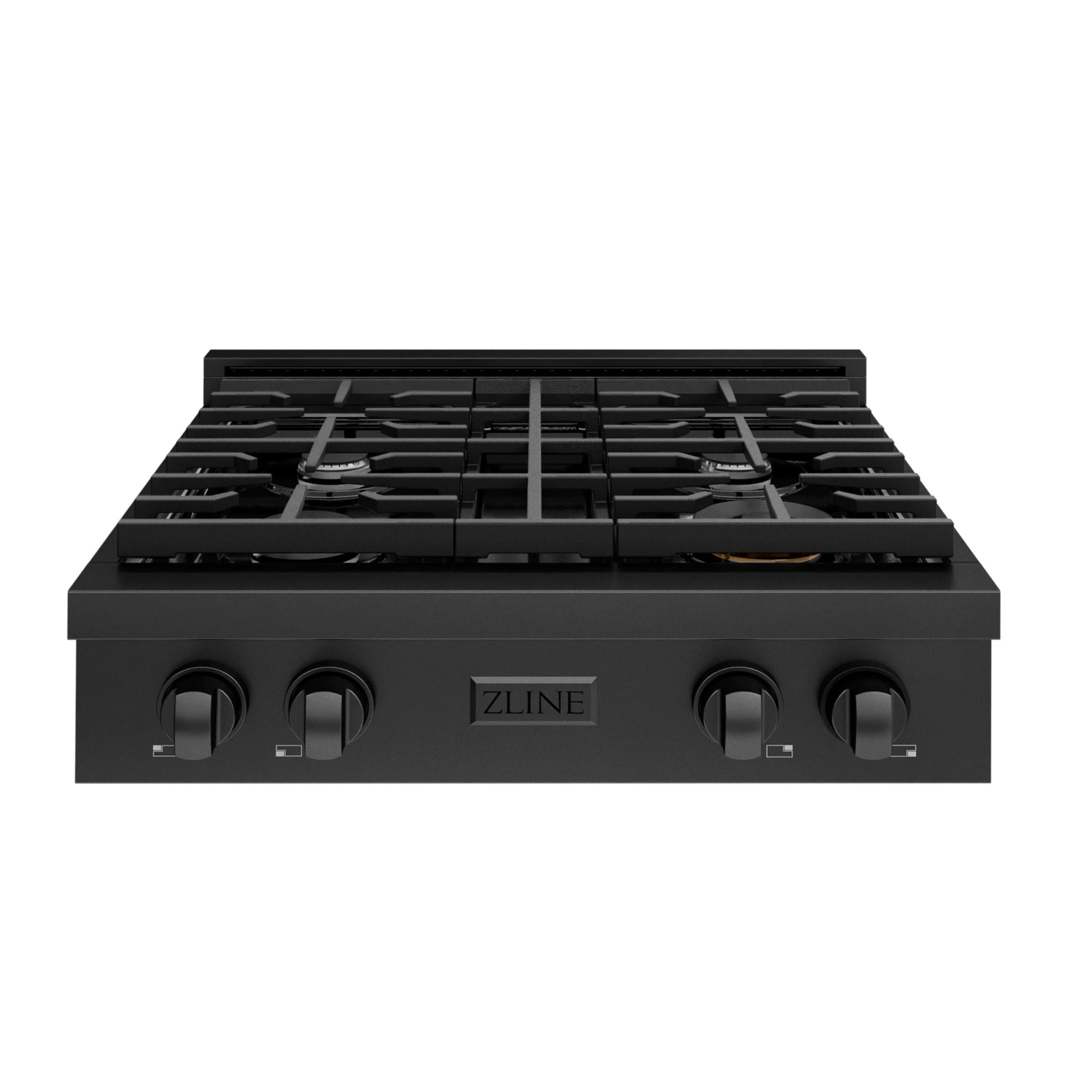 Black stainless steel gas rangetop with four burners and porcelain cooktop, front knobs