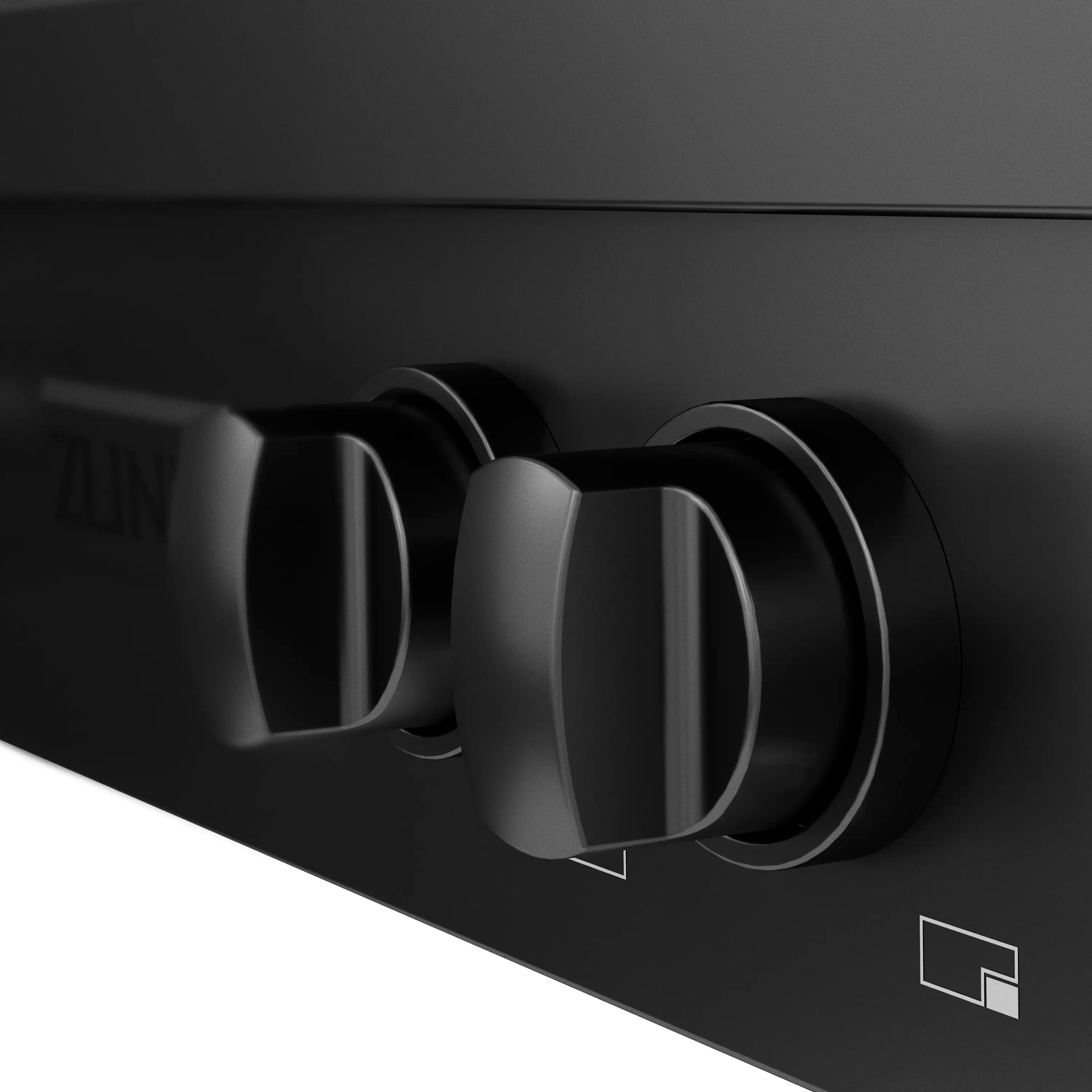 Black gas rangetop side view with curved control knobs and burner grates