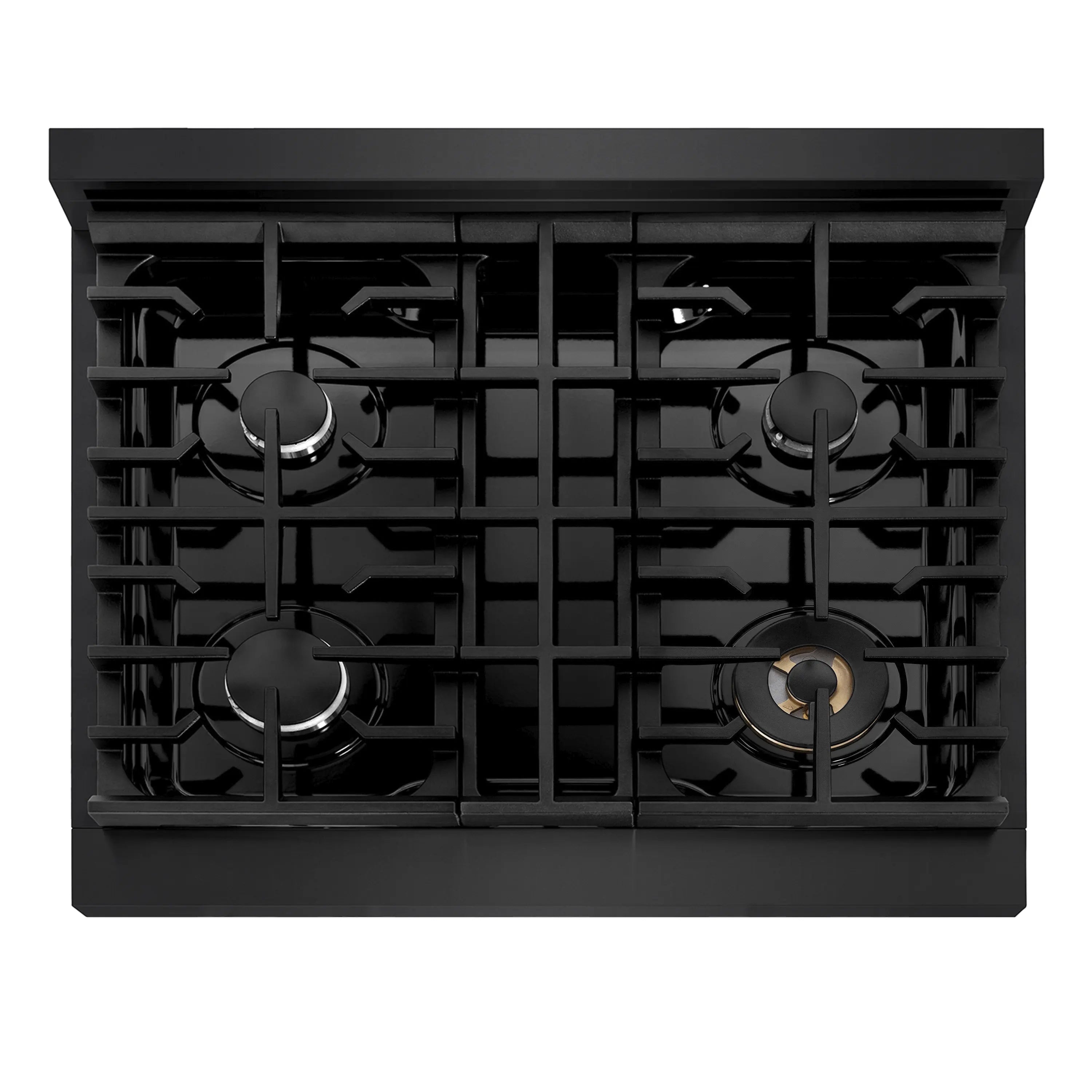 Top view of black gas rangetop showing four burners and cast-iron grate layout