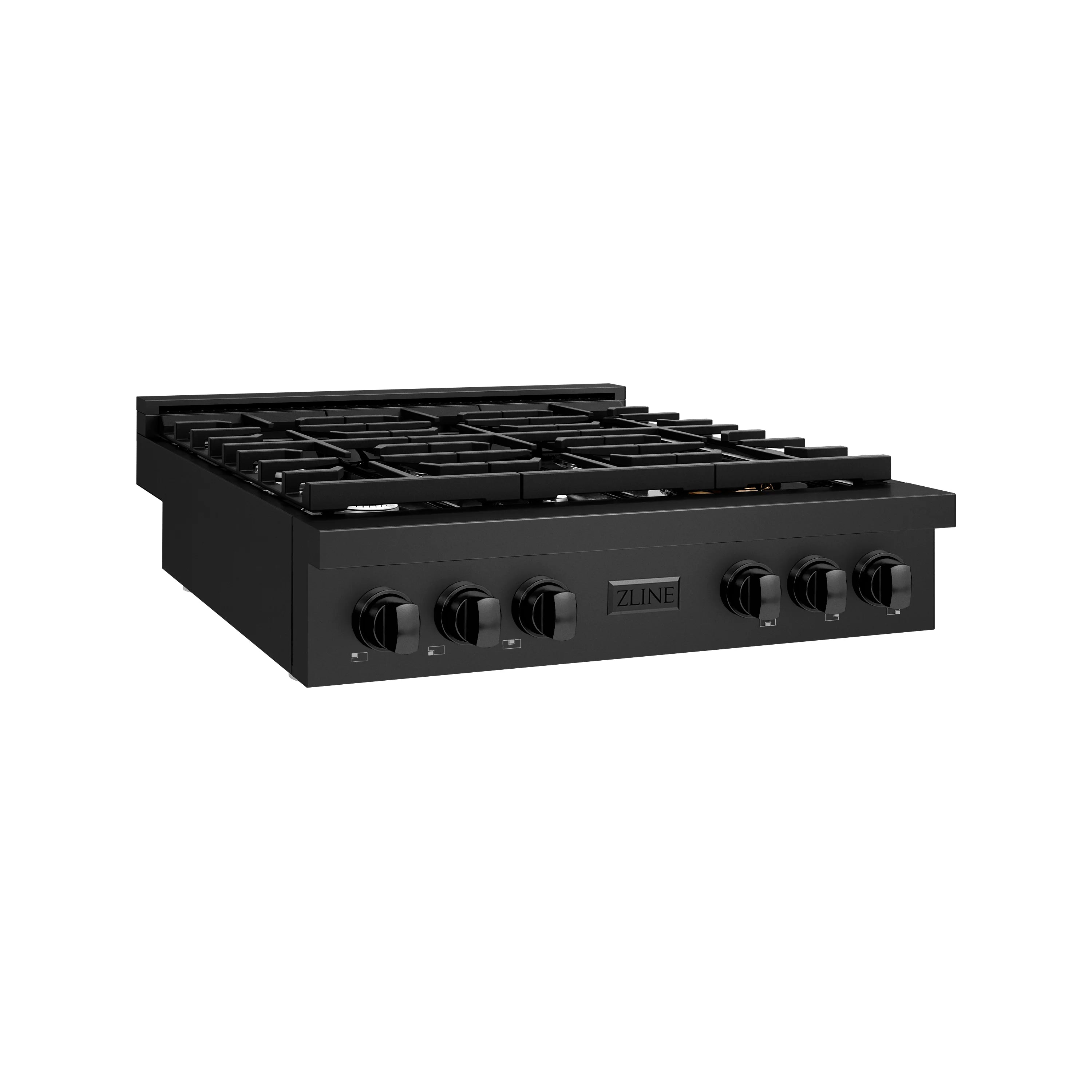Black stainless gas rangetop with 6 burner grates and front control knobs