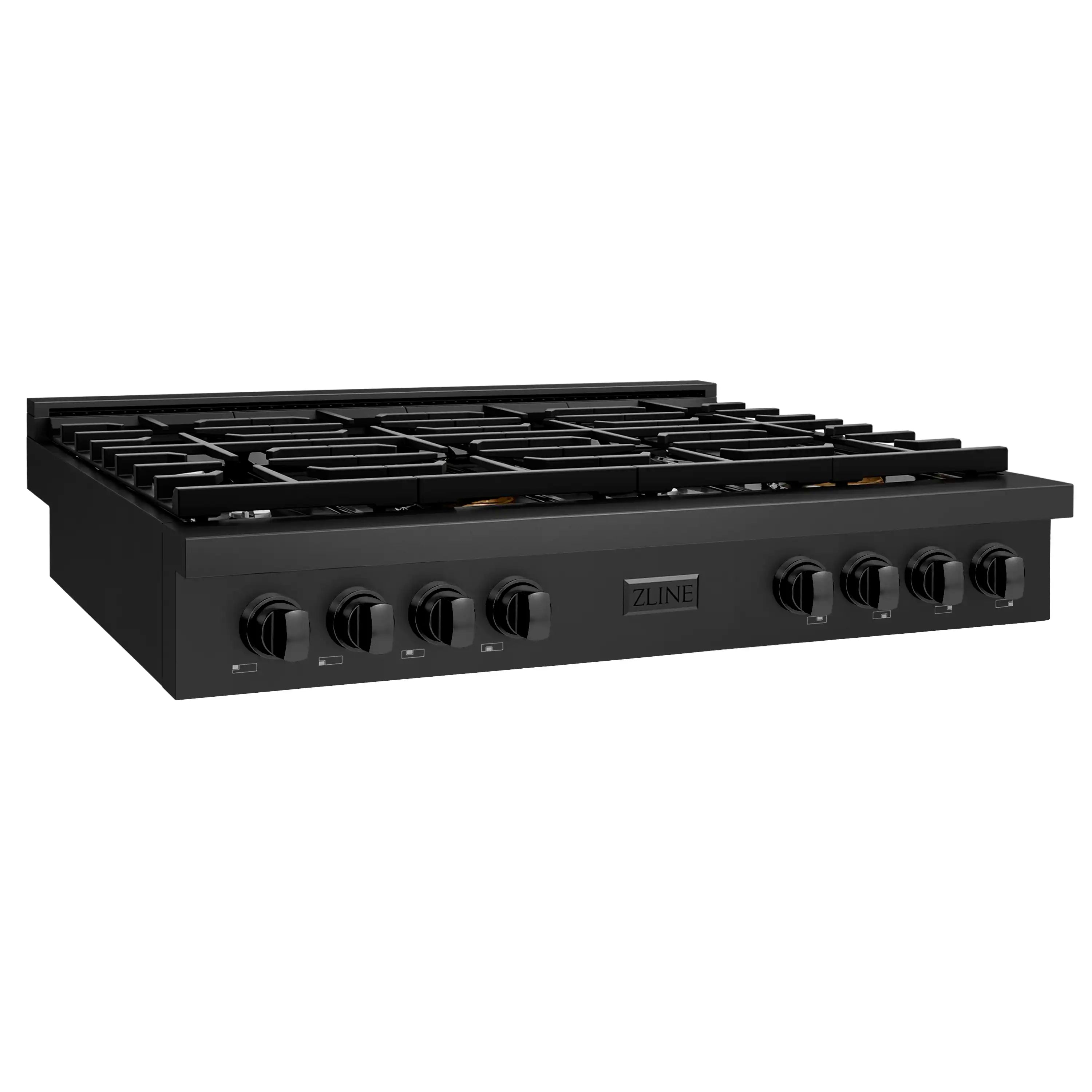 Black gas cooktop with cast burner grates and front row of control knobs