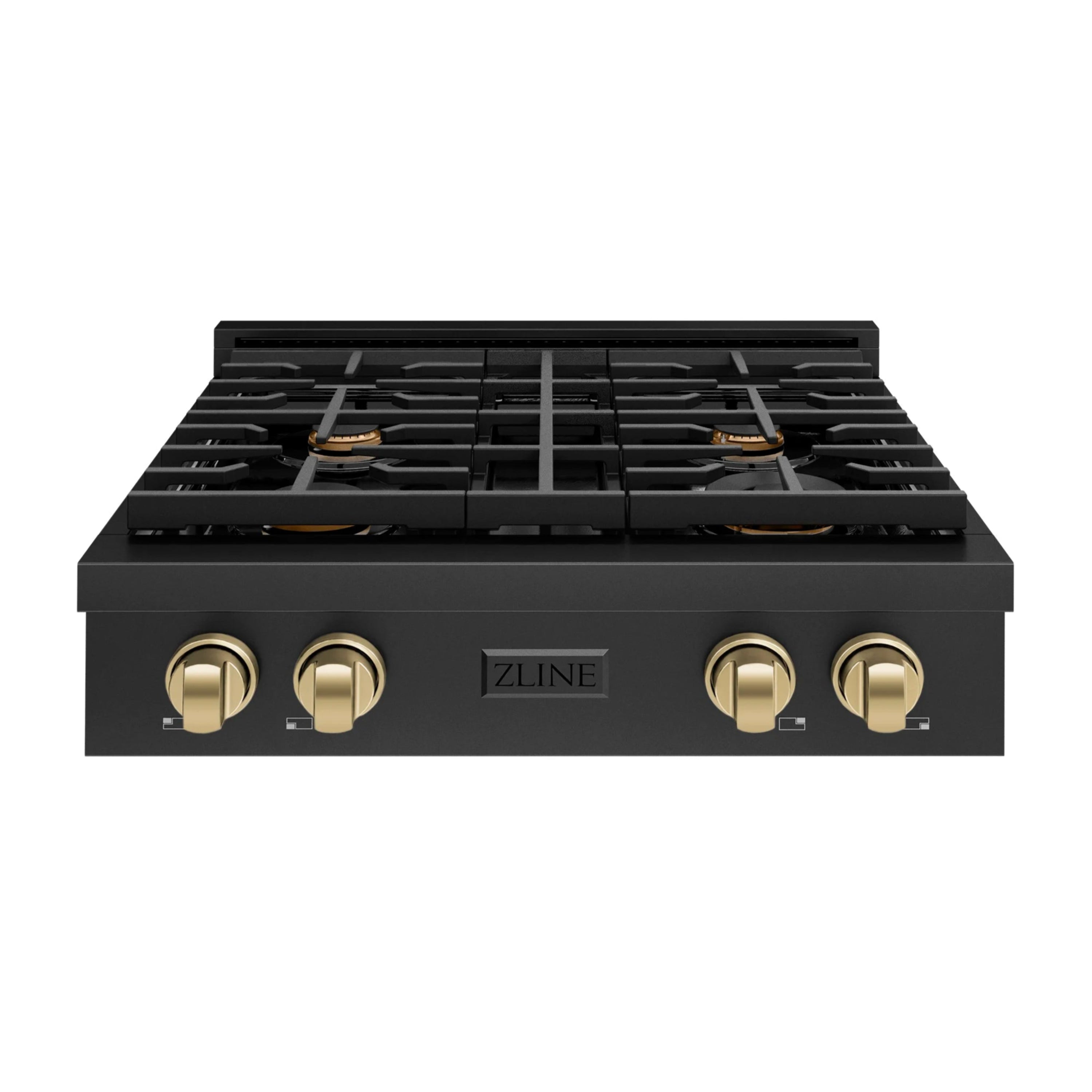 Black stainless steel gas rangetop with four burners, black grates, bronze control knobs