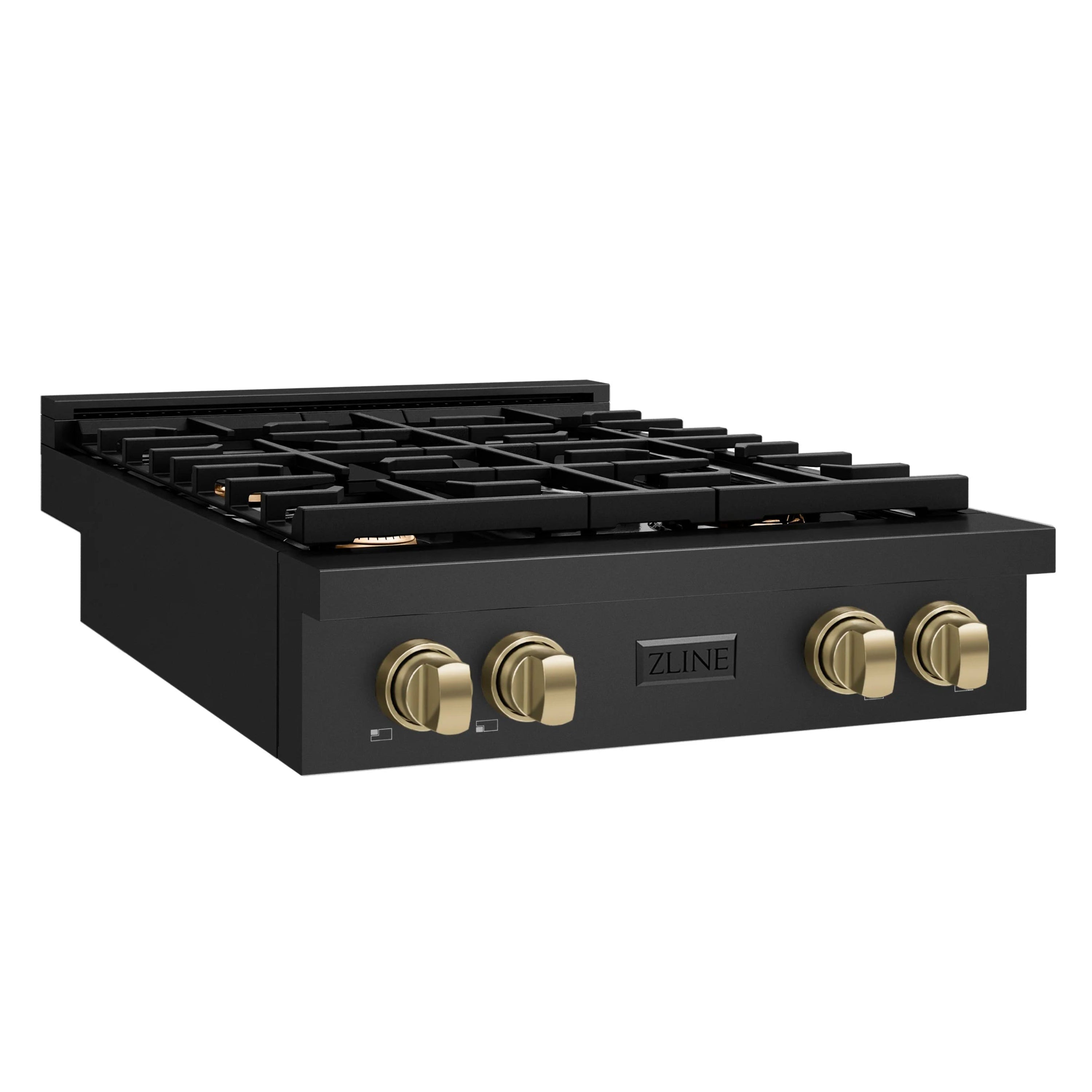 Black stainless steel gas rangetop with four burners and champagne-bronze knob accents