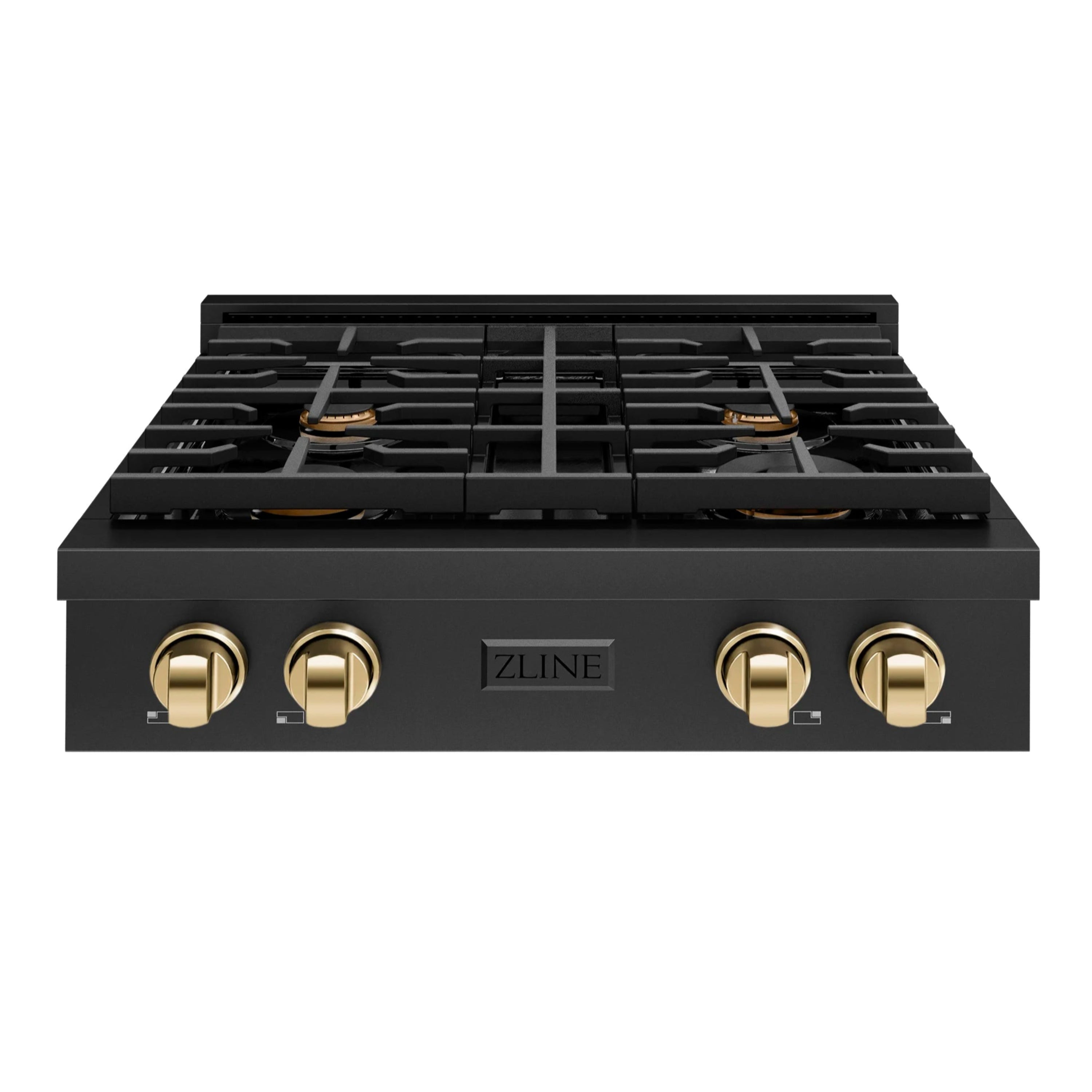 ZLINE black gas rangetop with four burners and polished gold control knobs