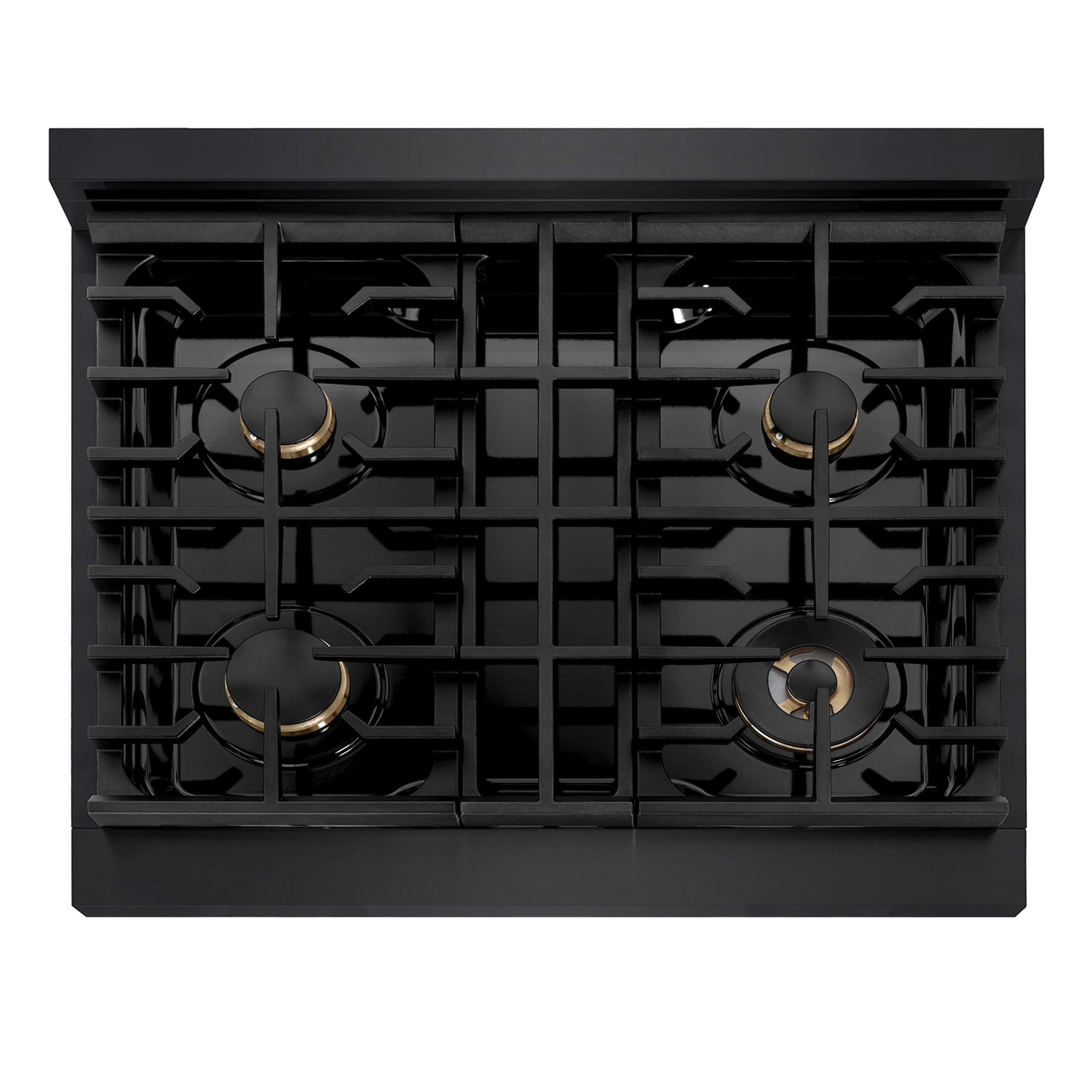 Black gas cooktop with four burners beneath black cast-iron style grate