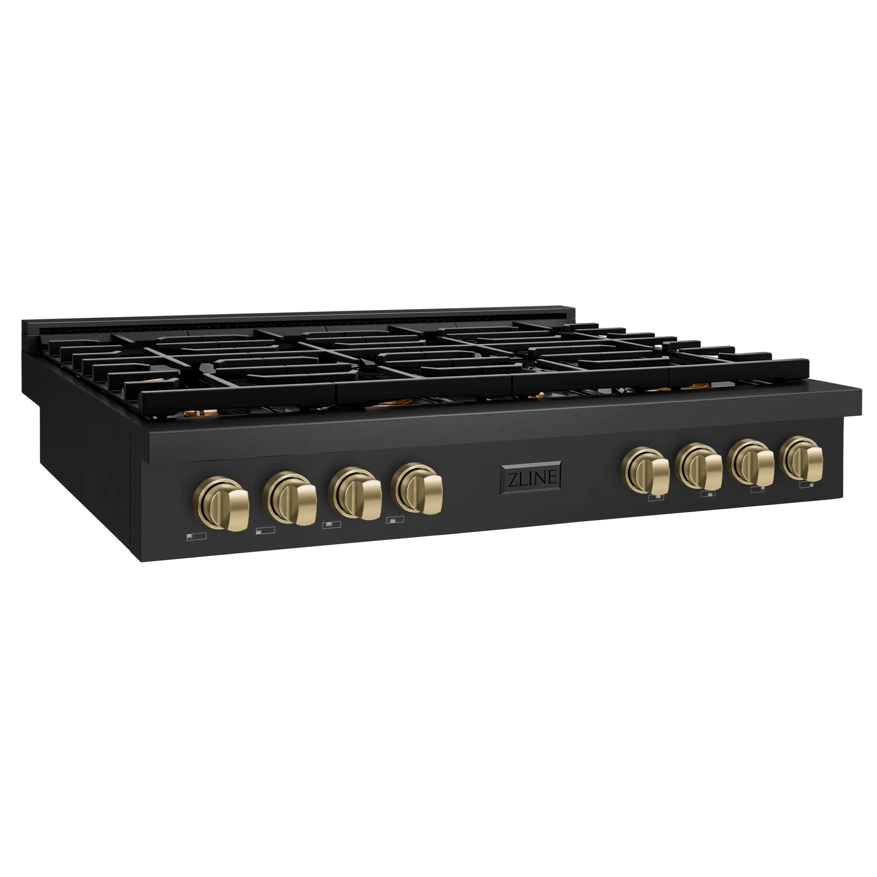 Black gas rangetop with 8 burners, black grates, and champagne bronze control knobs