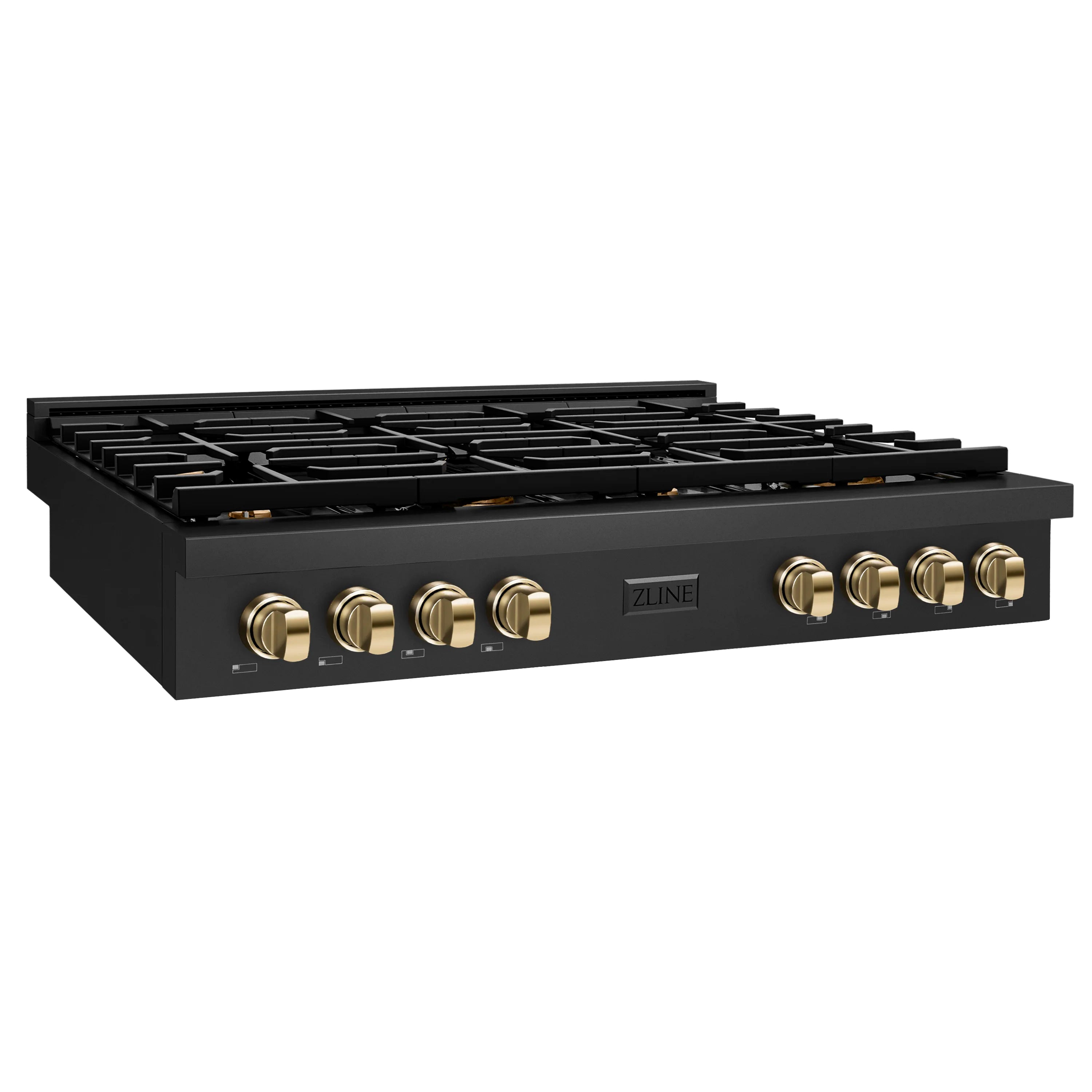 Black gas rangetop with eight burners, black grates, and polished gold control knobs